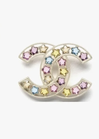 Elegant Gold CC Brooch with Multi-Color Star Crystals