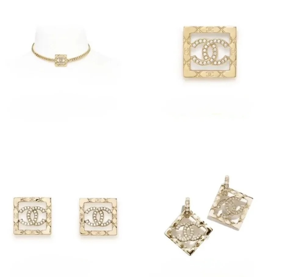 Luxury Crystal CC Square Brooch & Elegant Jewelry Set