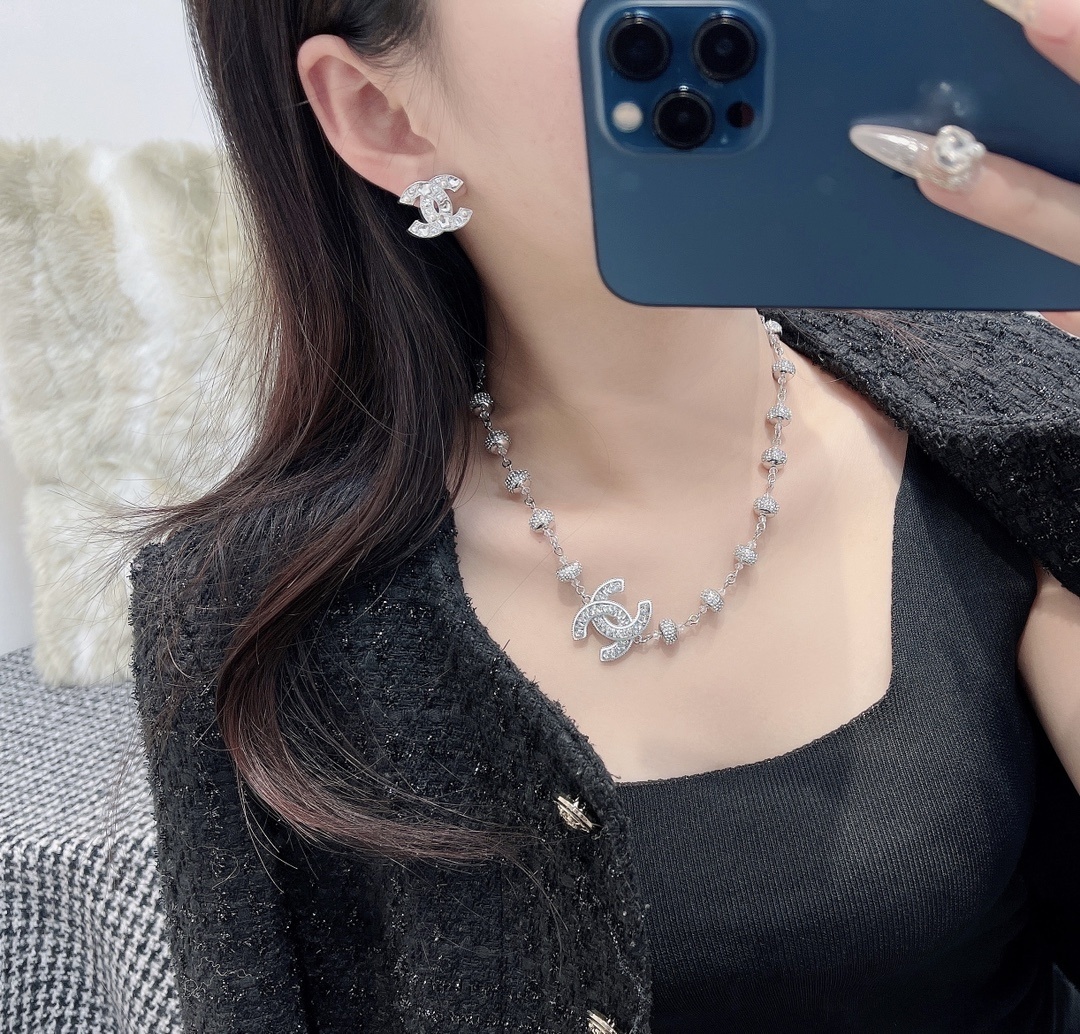 Luxury Silver CC Stud Earrings with Crystal Hearts and Stars