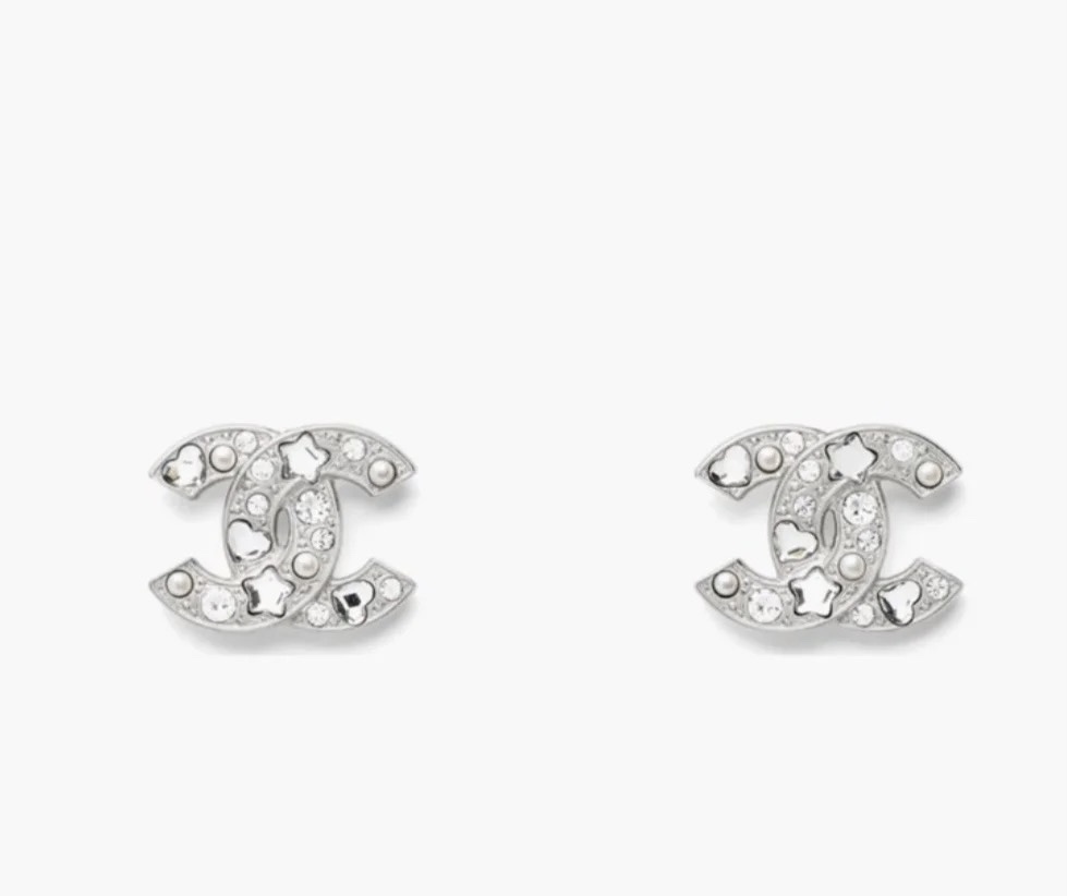 Luxury Silver CC Stud Earrings with Crystal Hearts and Stars