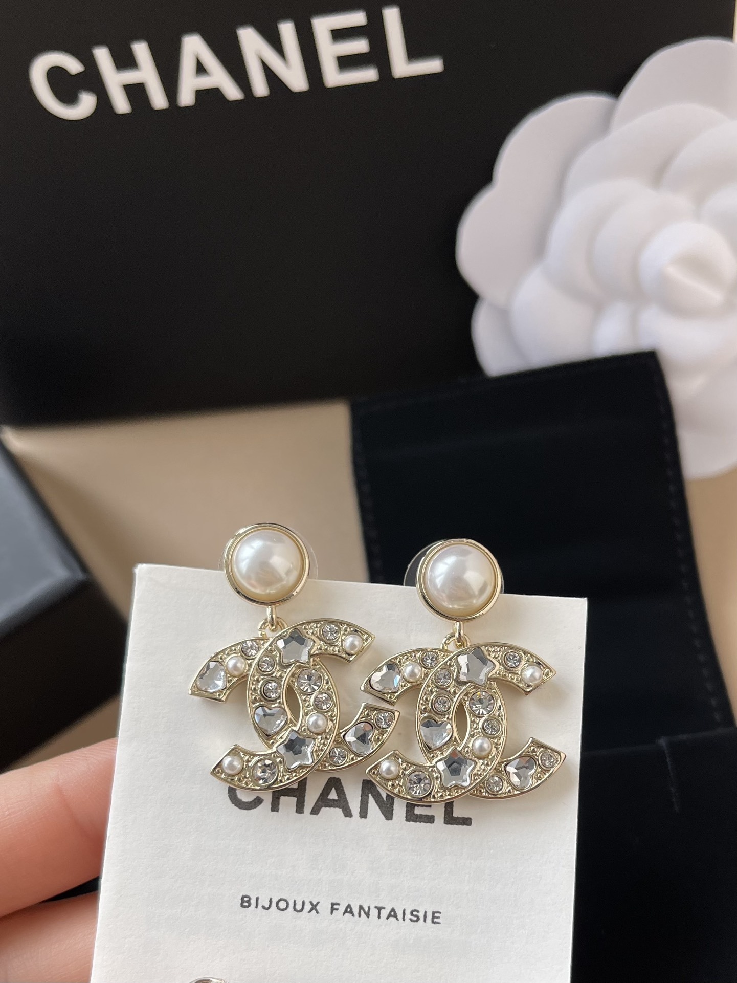 Elegant CC Crystal Drop Earrings with Pearl Stud for Women