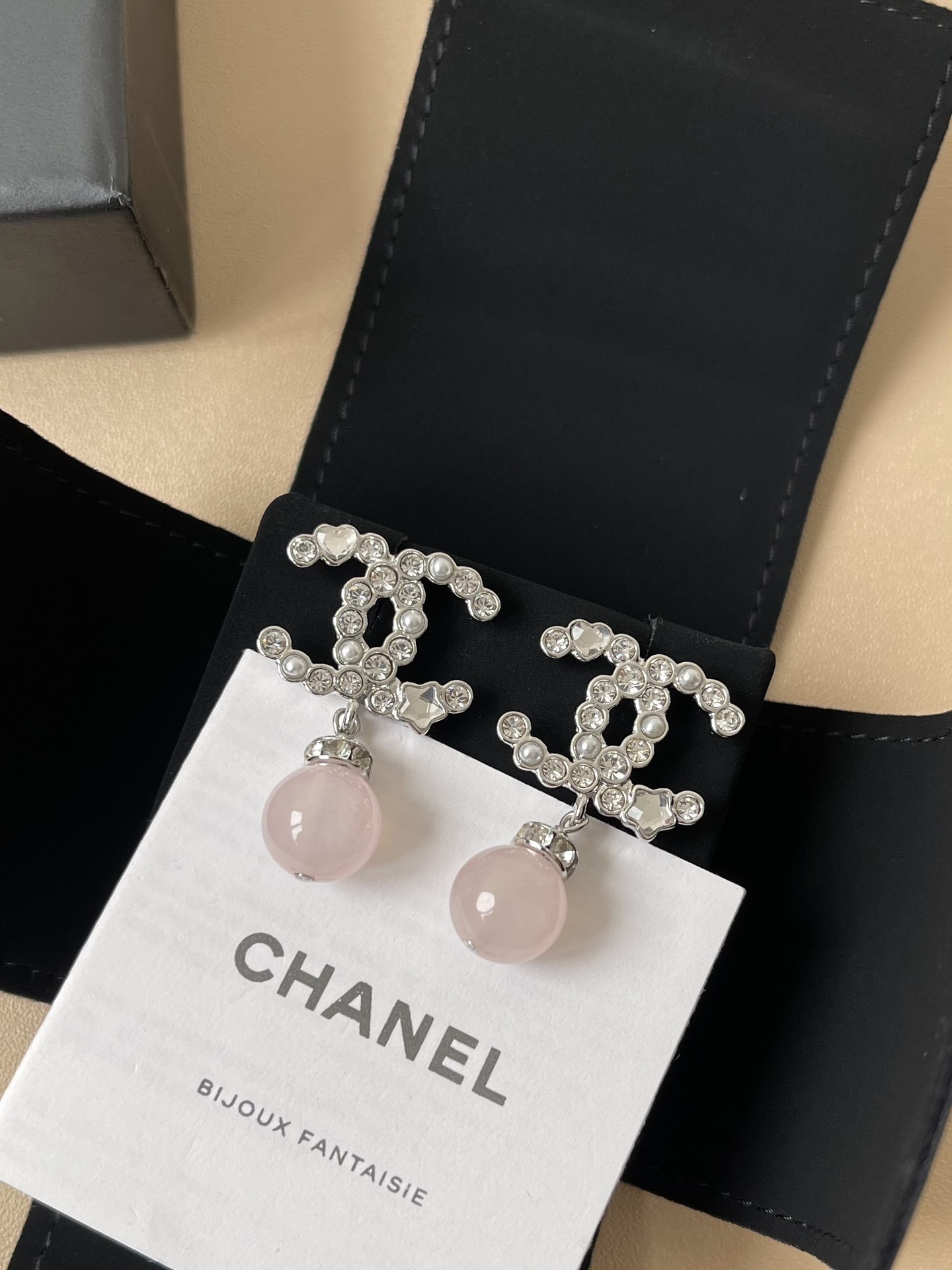 Elegant Crystal CC Logo Earrings with Pink Pearl Drop