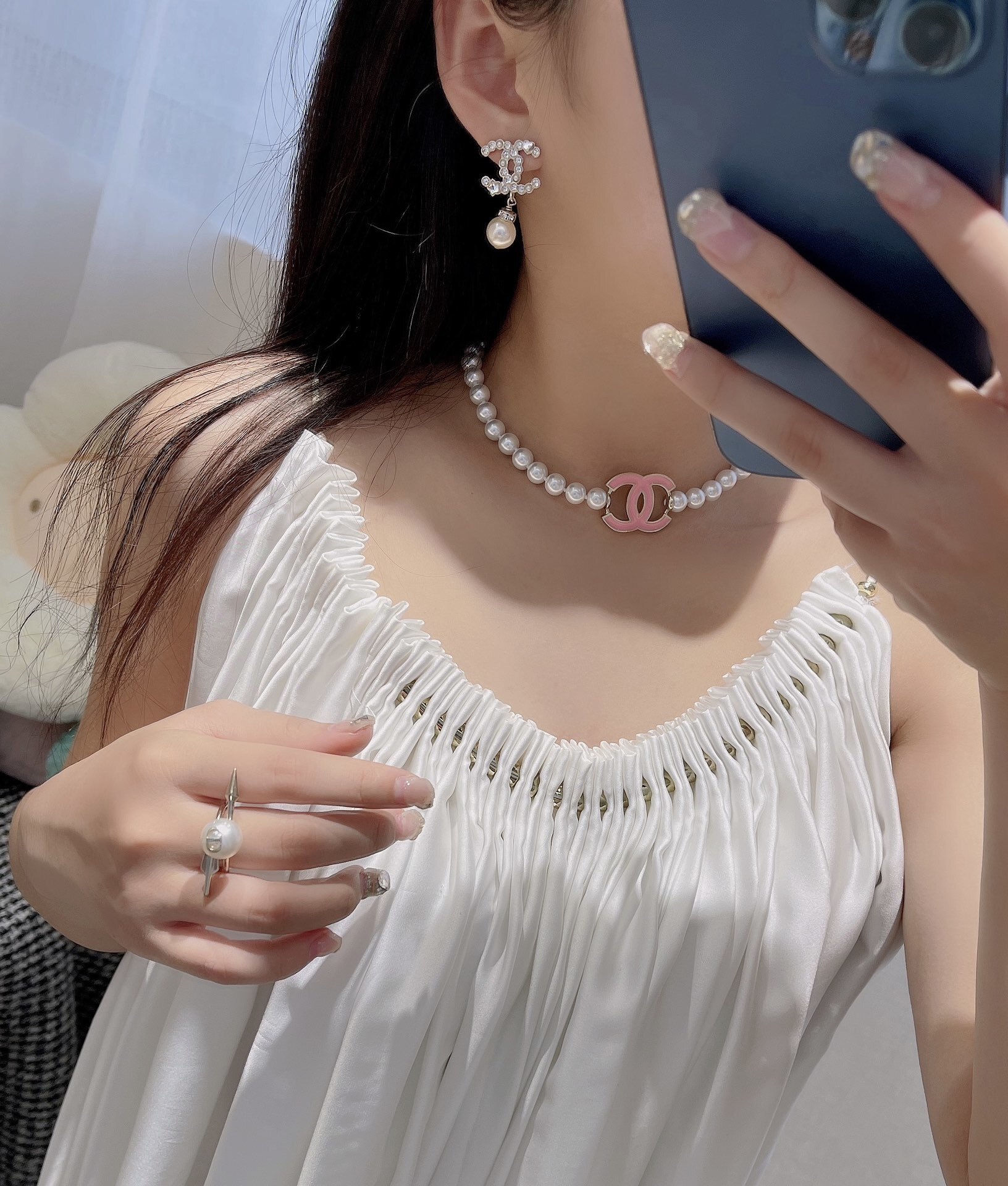 Elegant Crystal CC Logo Earrings with Pink Pearl Drop