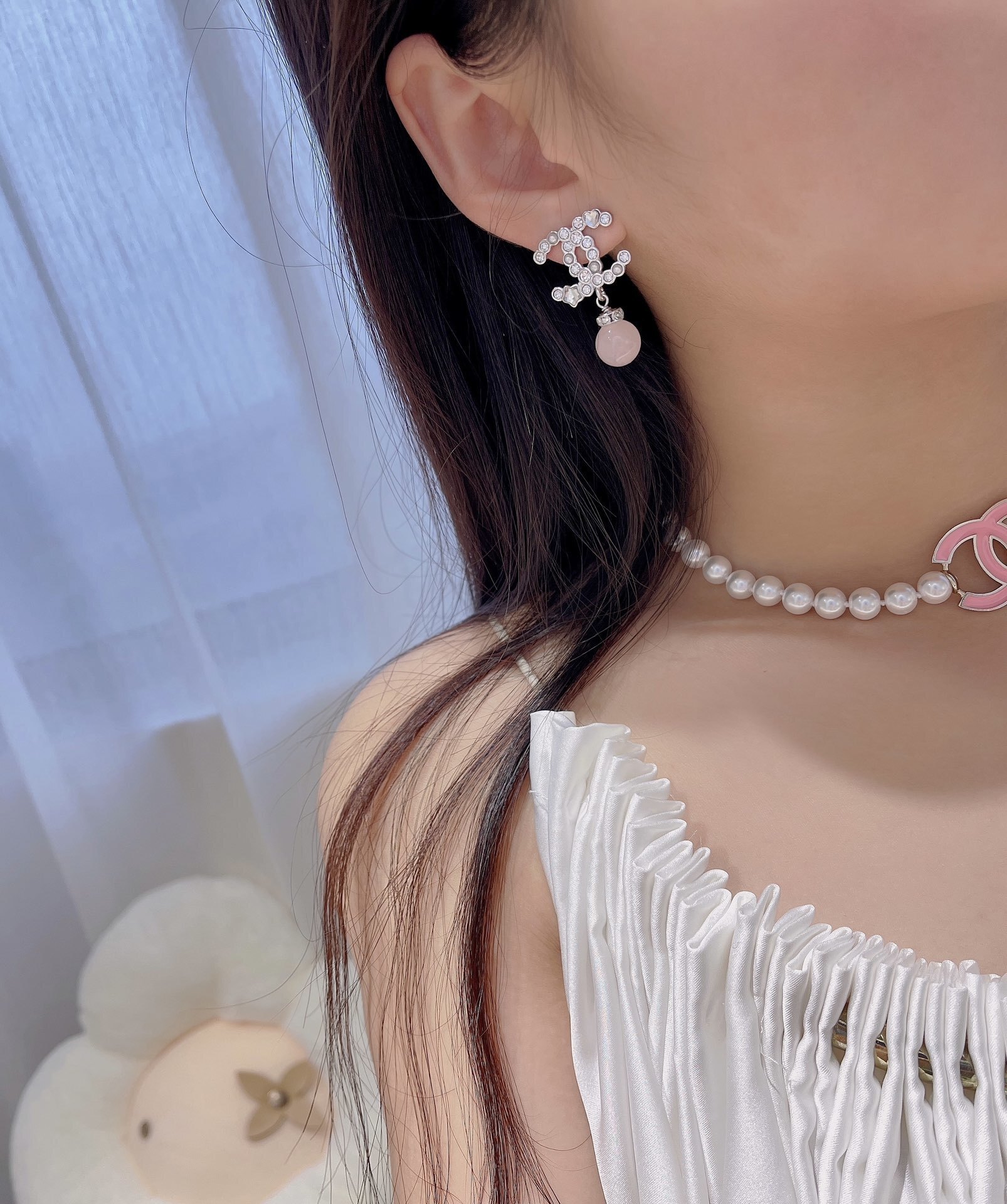 Elegant Crystal CC Logo Earrings with Pink Pearl Drop