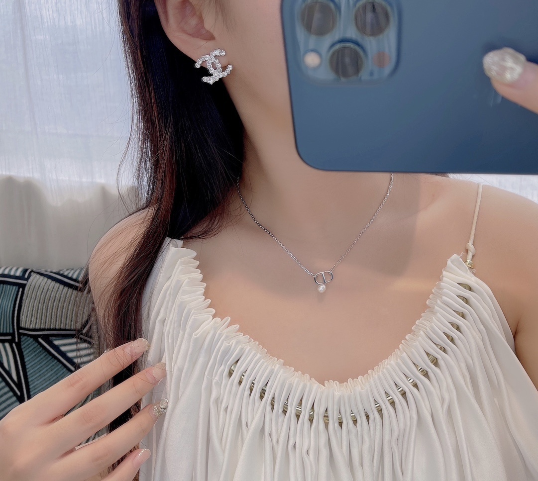 Chanel CC Silver Crystal Pearl Earrings with Heart & Star Details