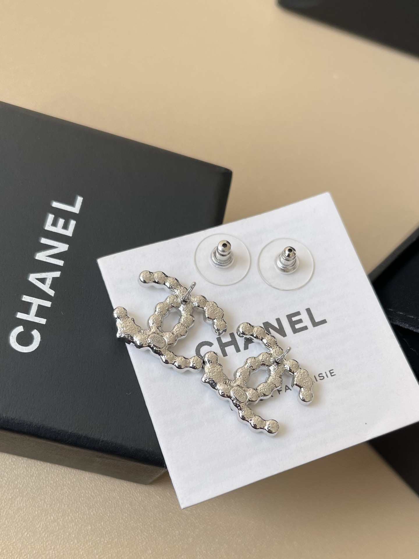 Chanel CC Silver Crystal Pearl Earrings with Heart & Star Details