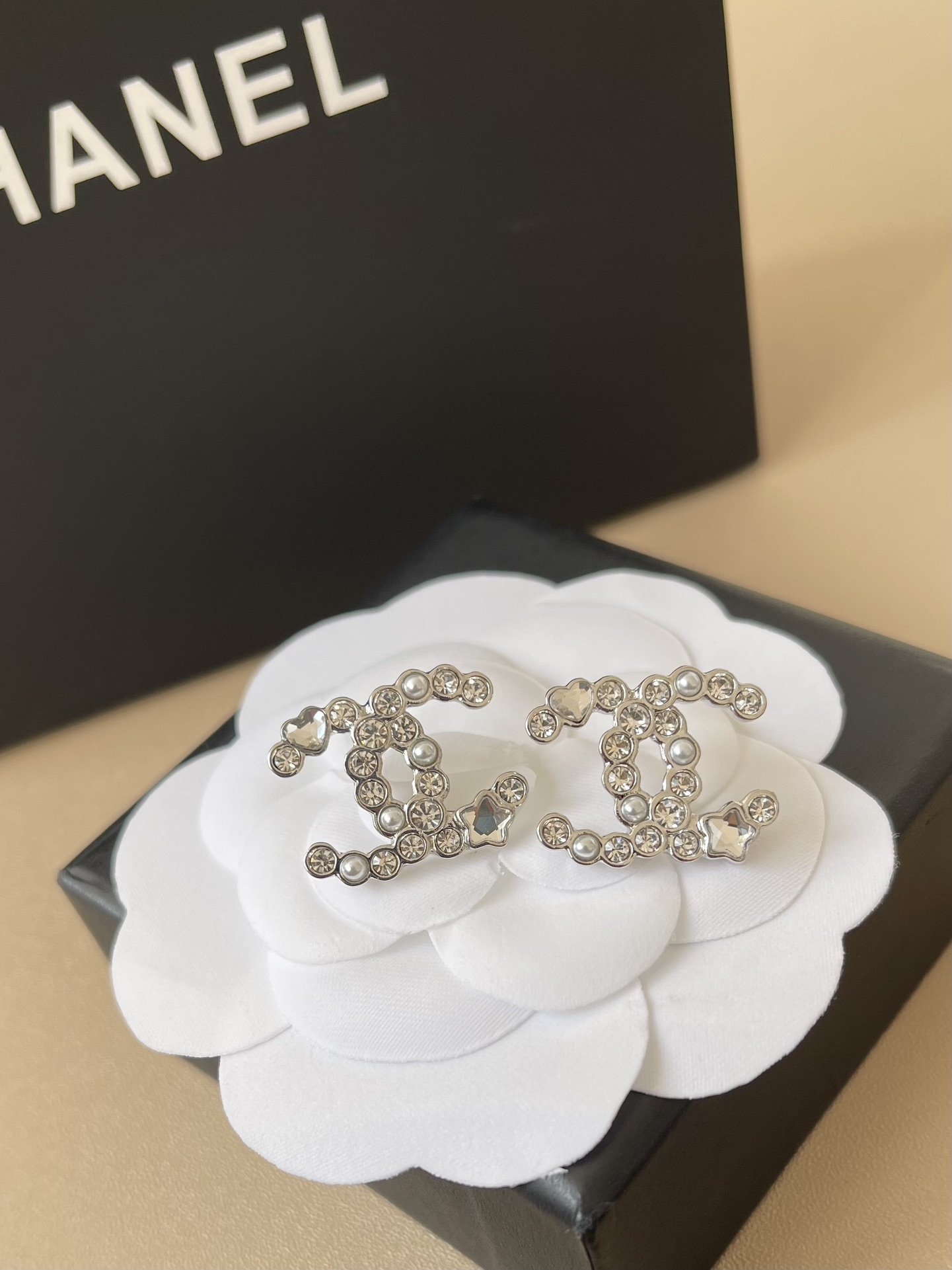 Chanel CC Silver Crystal Pearl Earrings with Heart & Star Details