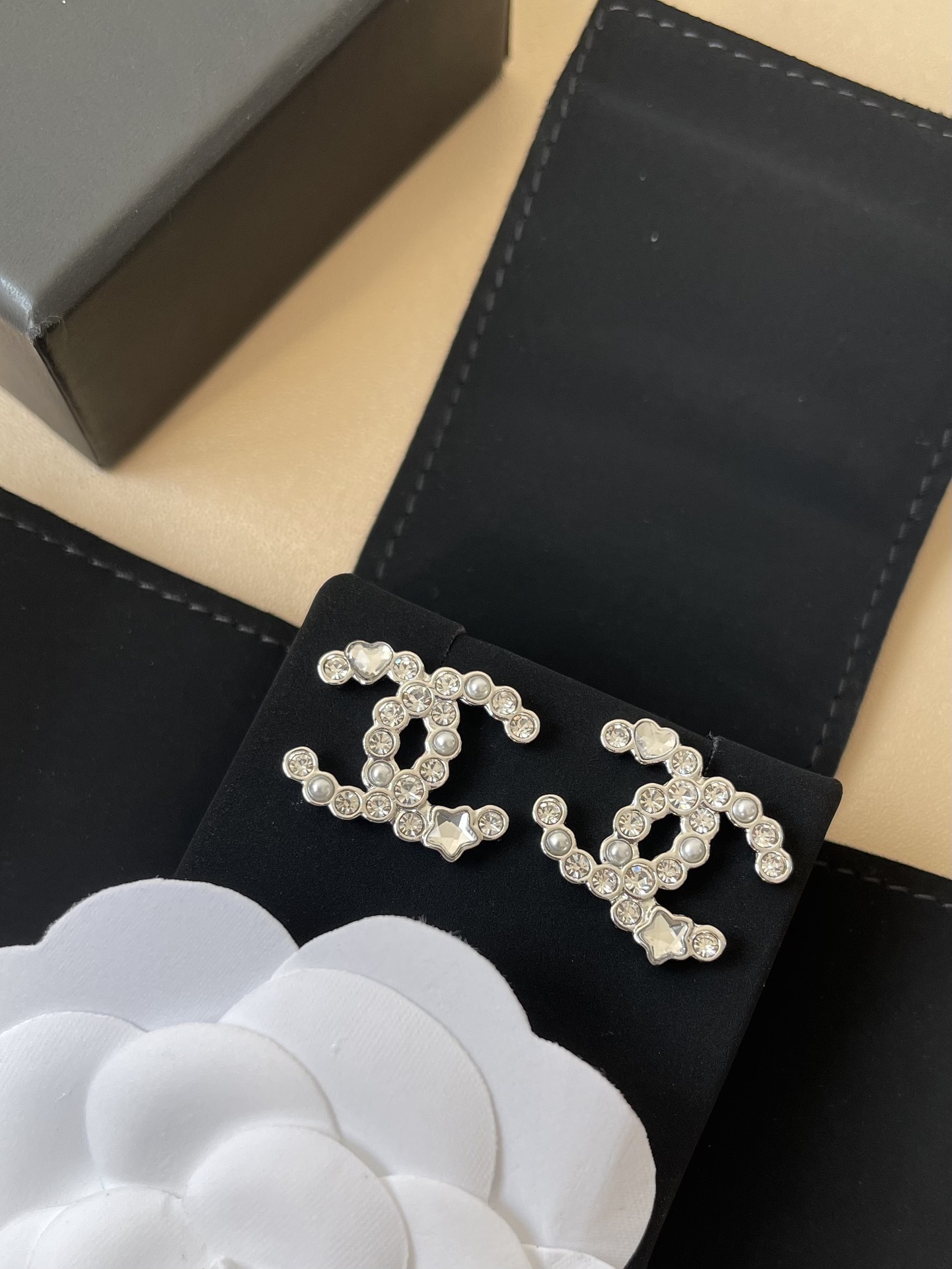 Chanel CC Silver Crystal Pearl Earrings with Heart & Star Details