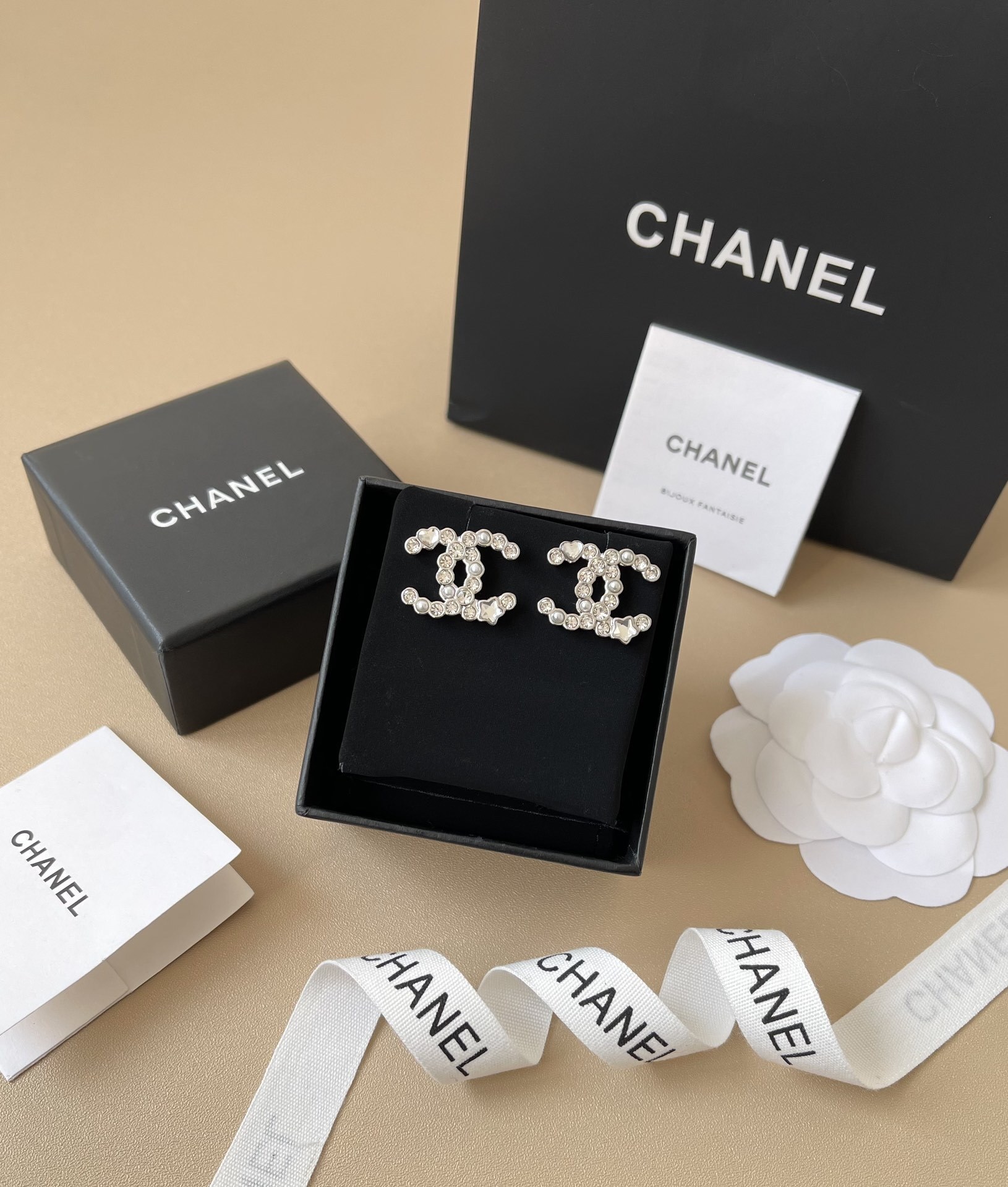 Chanel CC Silver Crystal Pearl Earrings with Heart & Star Details