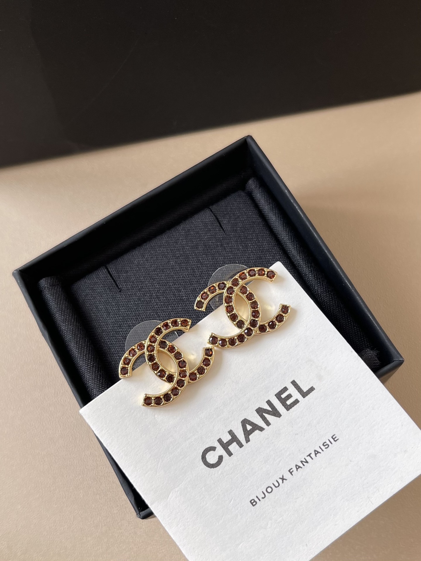 Luxury Chanel CC Logo Crystal Stud Earrings - Gold & Amber