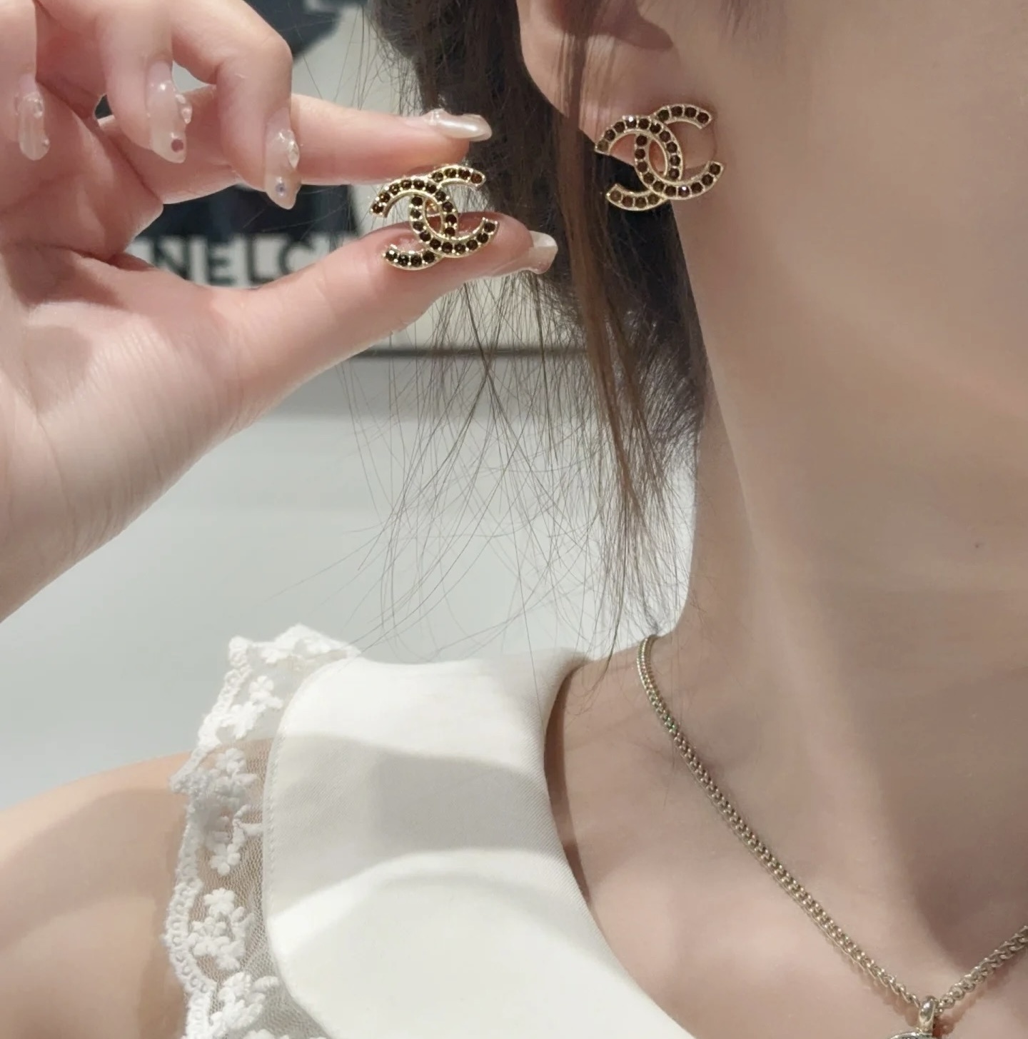 Luxury Chanel CC Logo Crystal Stud Earrings – Gold & Amber