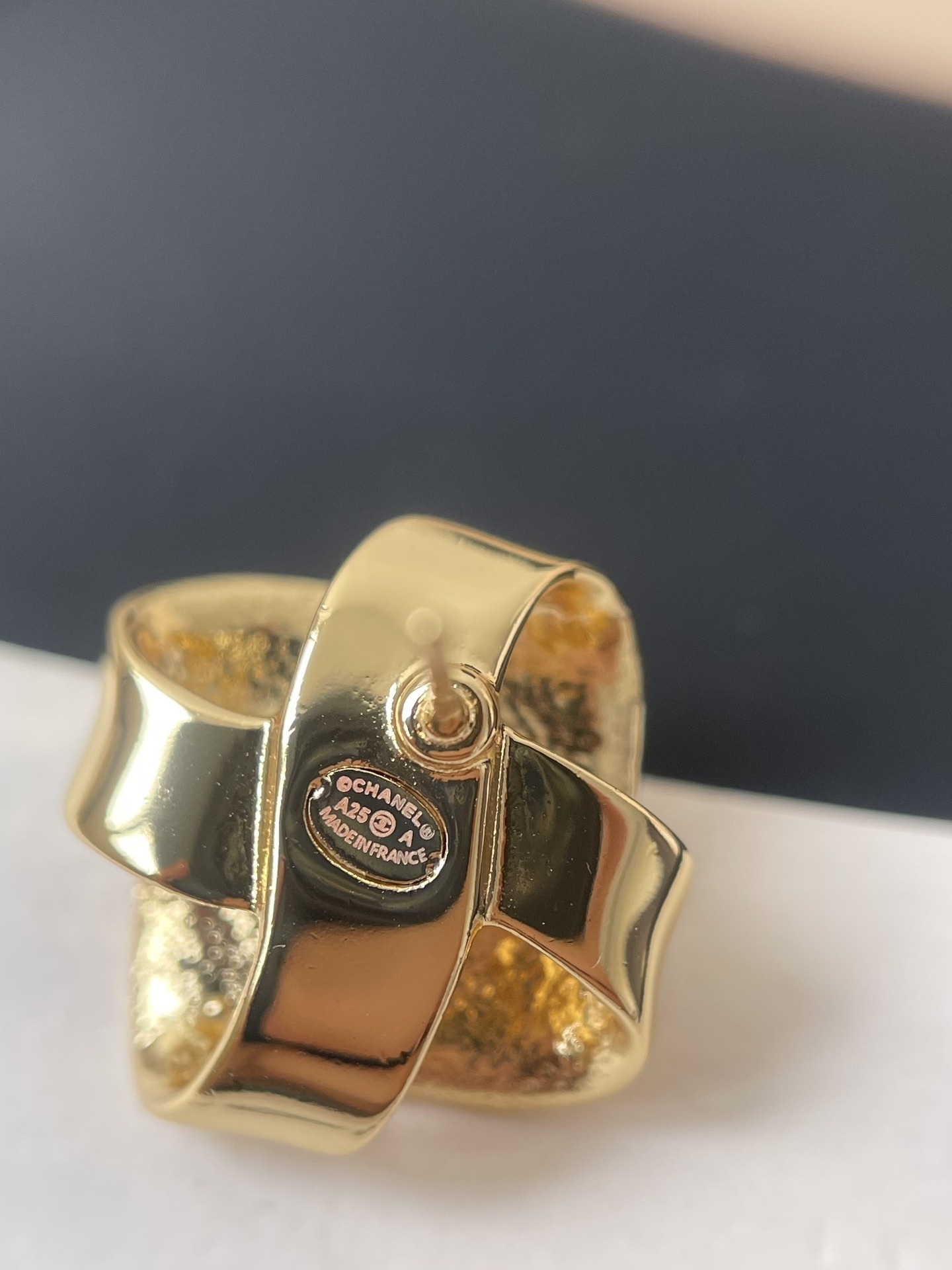 Luxury Chanel Gold-Tone Crystal Square Ribbon Stud Earrings