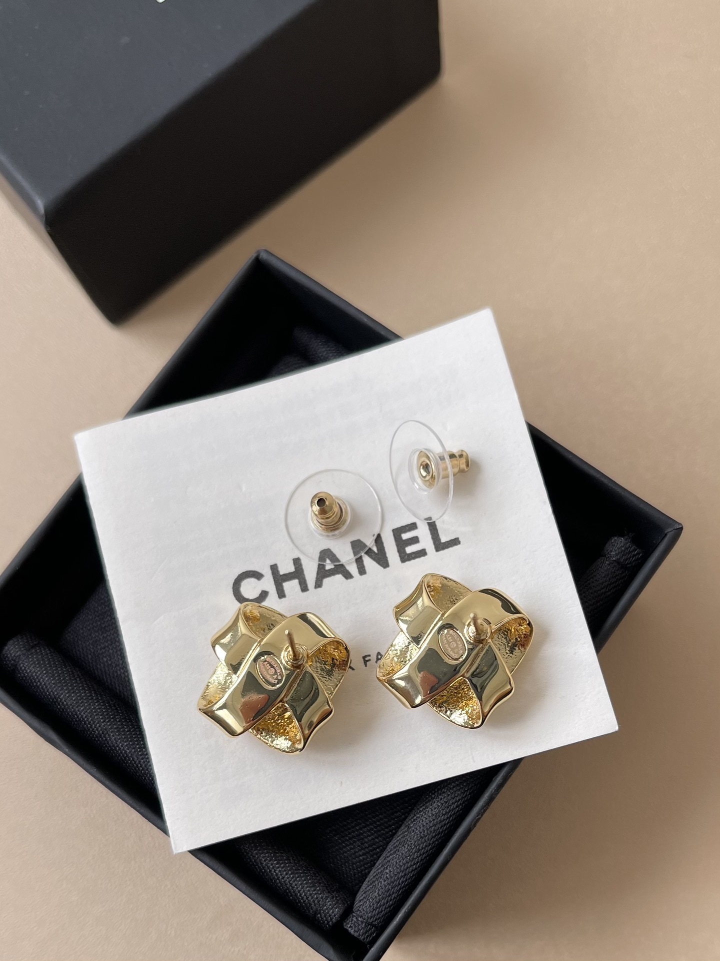 Luxury Chanel Gold-Tone Crystal Square Ribbon Stud Earrings