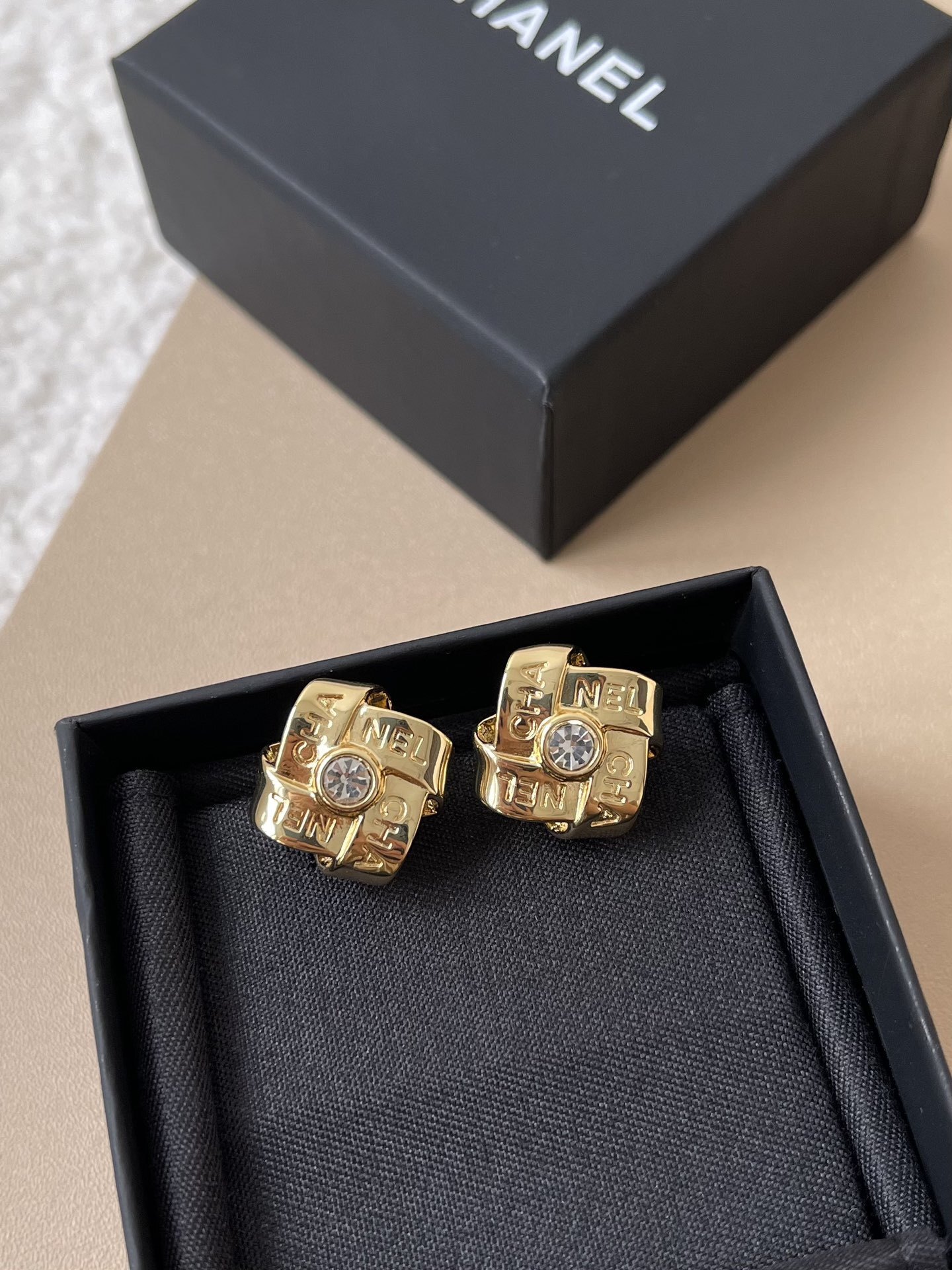 Luxury Chanel Gold-Tone Crystal Square Ribbon Stud Earrings