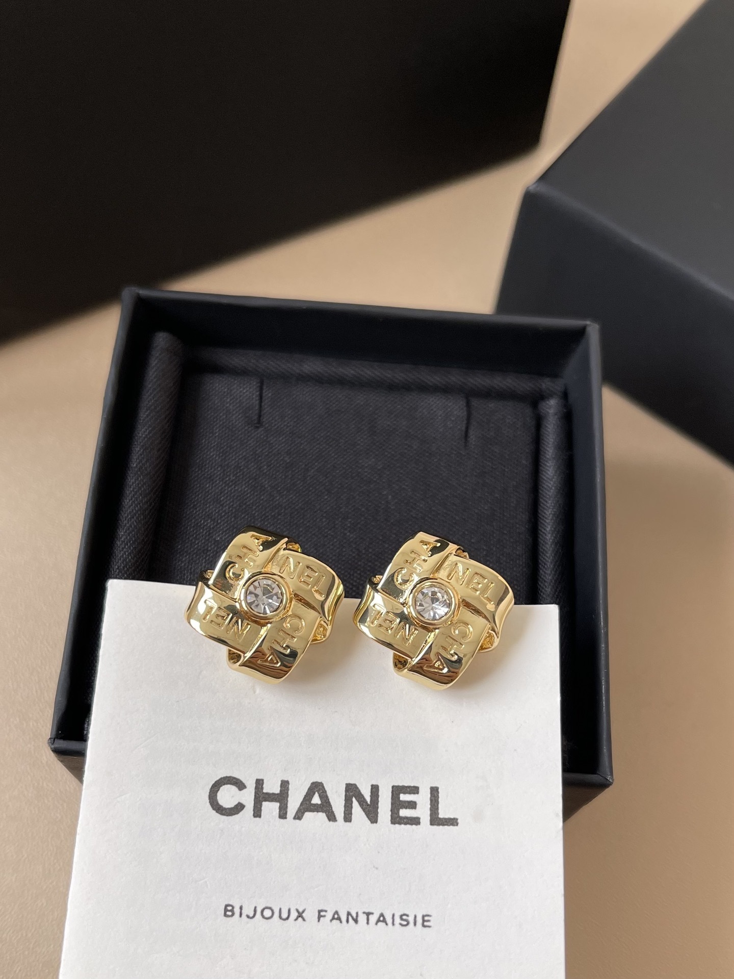 Luxury Chanel Gold-Tone Crystal Square Ribbon Stud Earrings