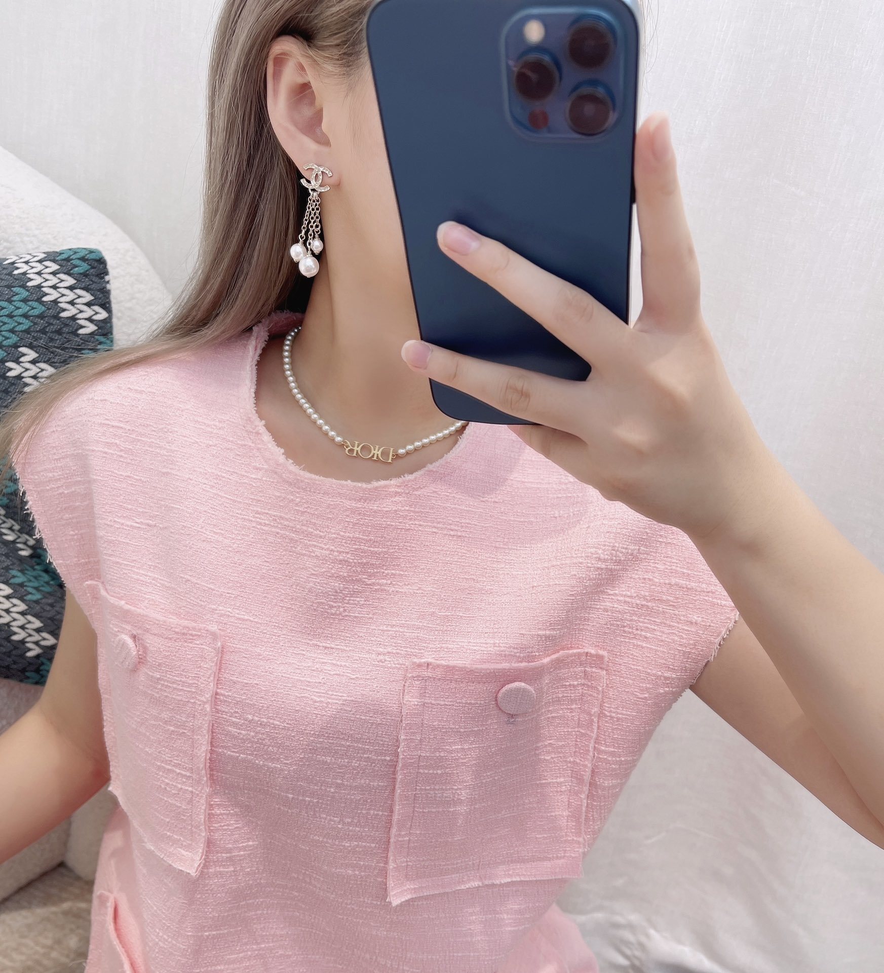 Chanel CC Logo Gold Chain & Pearl Drop Earrings