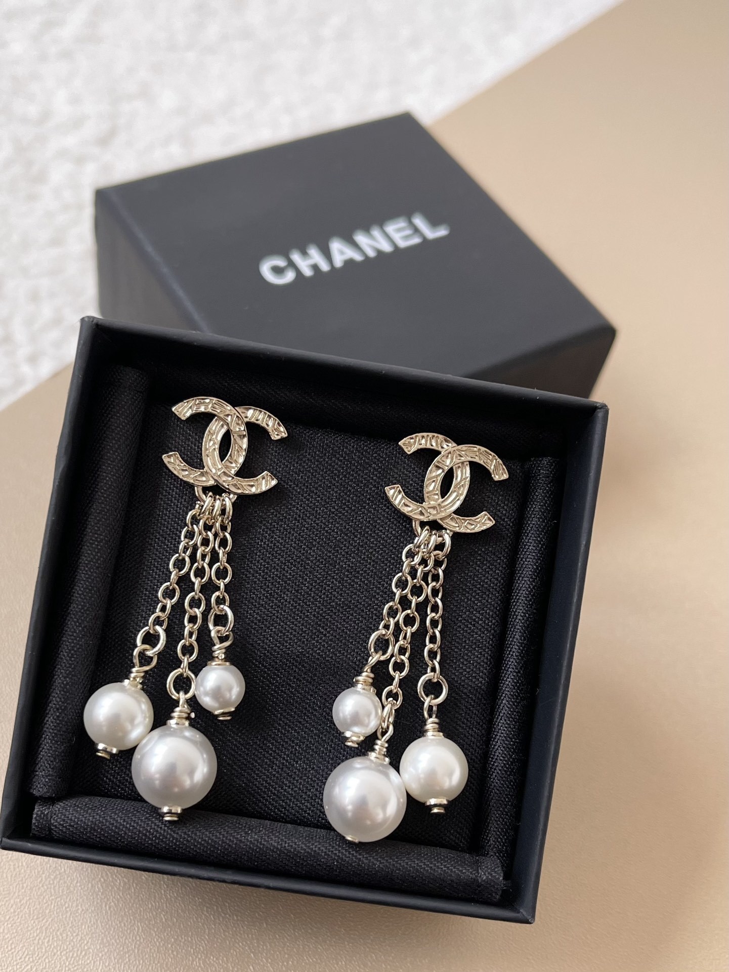 Chanel CC Logo Gold Chain & Pearl Drop Earrings