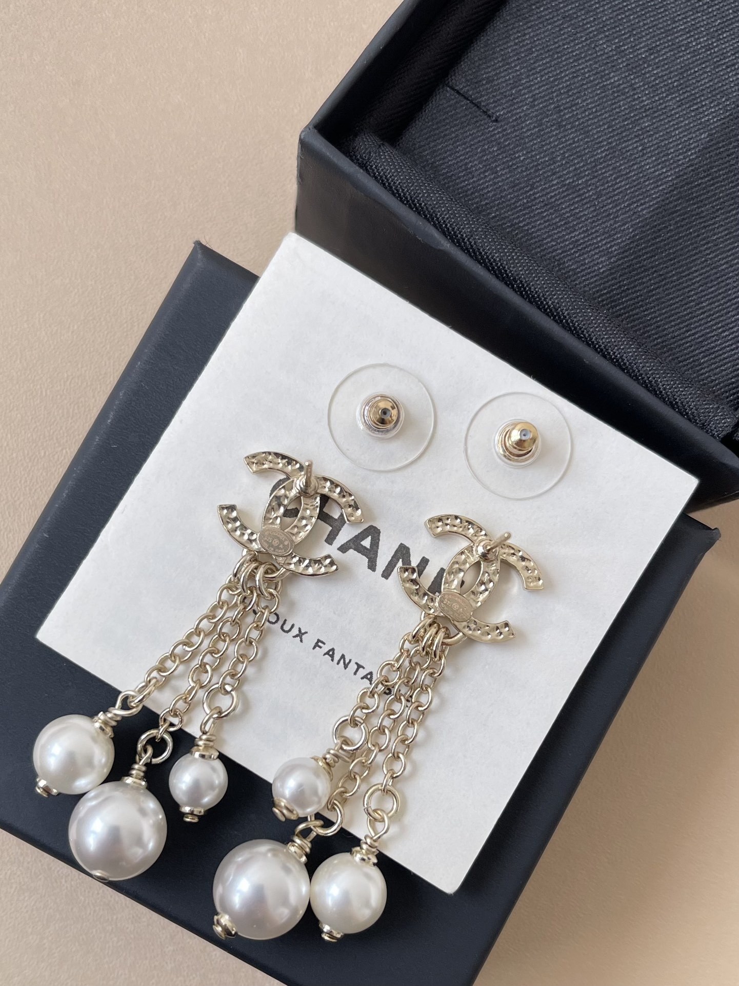 Chanel CC Logo Gold Chain & Pearl Drop Earrings