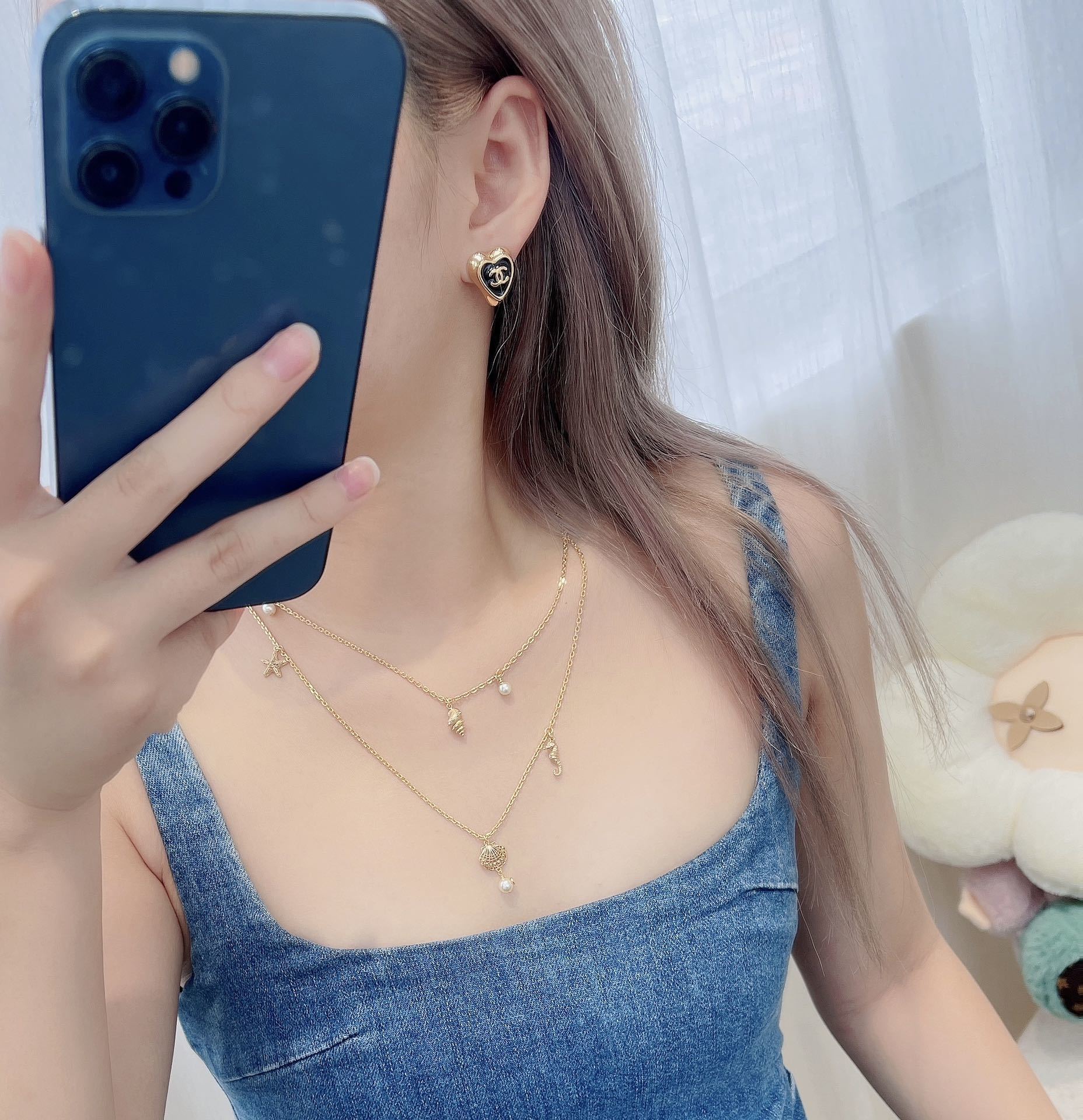 Chanel Gold-Tone & Black Resin Heart Stud Earrings with CC Logo