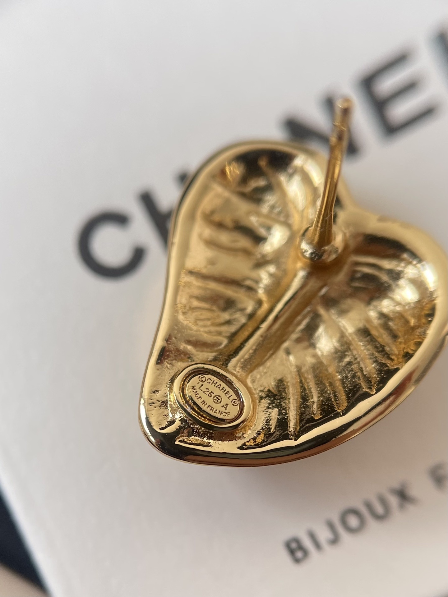 Chanel Gold-Tone & Black Resin Heart Stud Earrings with CC Logo