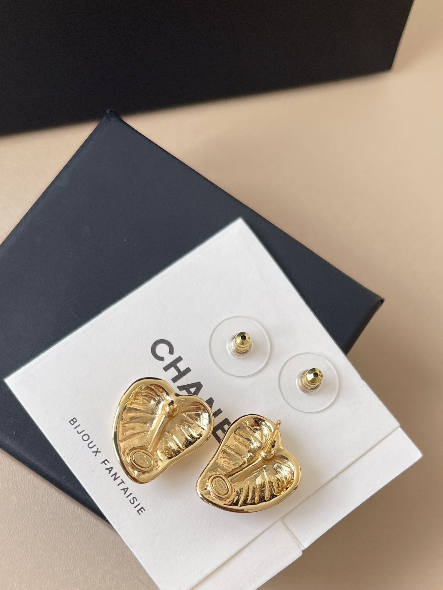 Chanel Gold-Tone & Black Resin Heart Stud Earrings with CC Logo