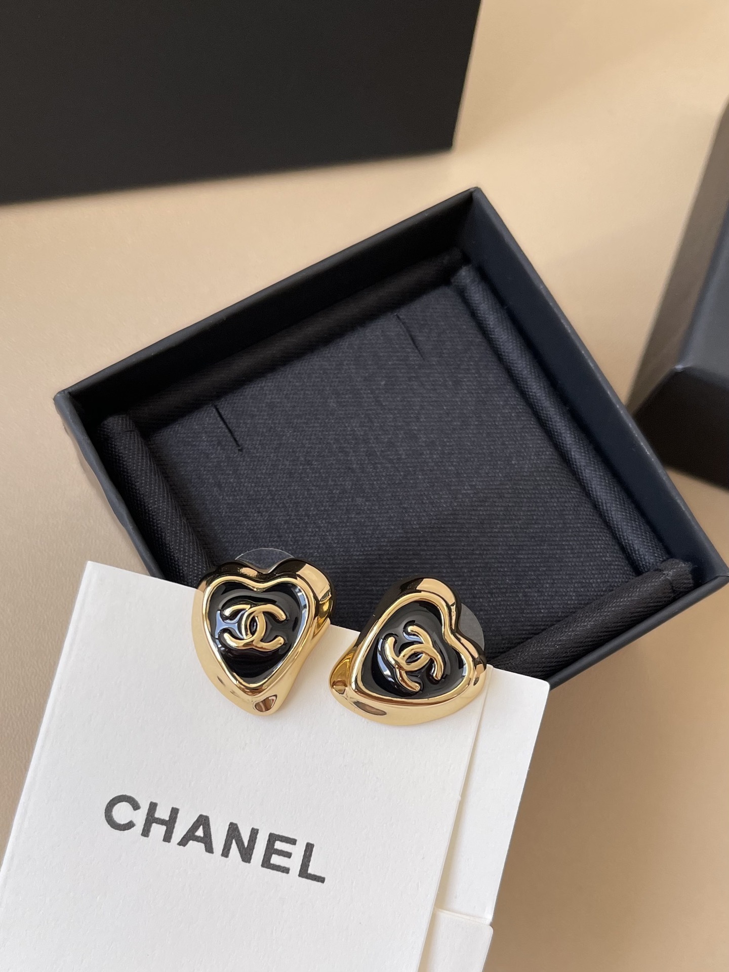 Chanel Gold-Tone & Black Resin Heart Stud Earrings with CC Logo
