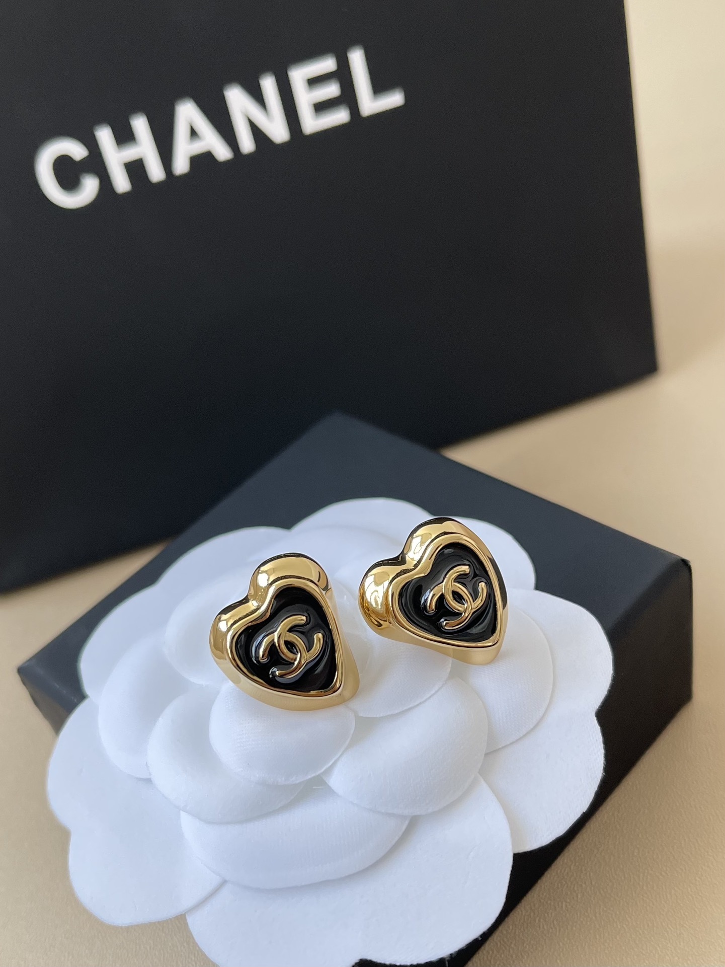 Chanel Gold-Tone & Black Resin Heart Stud Earrings with CC Logo