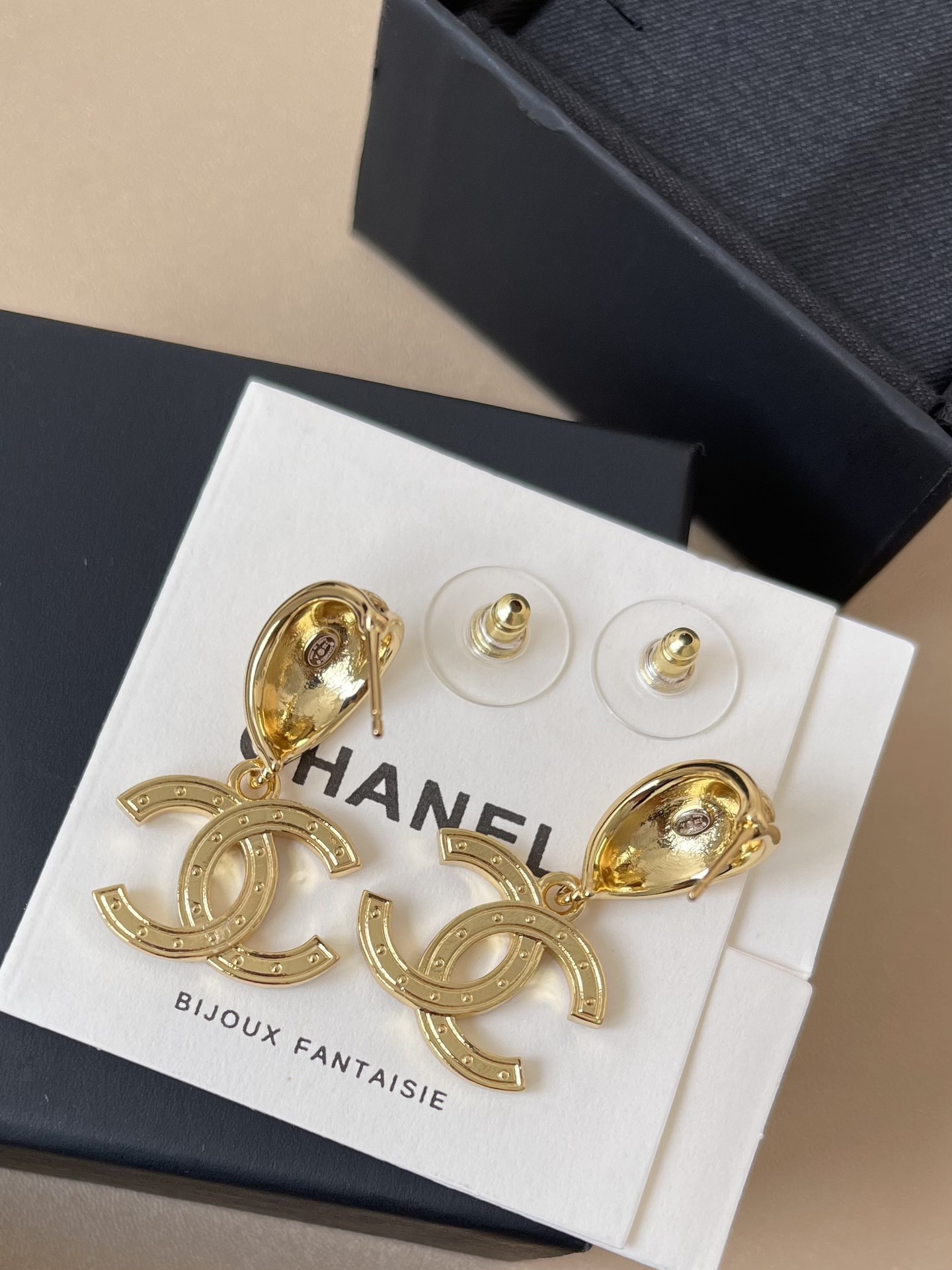 Luxury CC Logo Gold Drop Earrings with Amber Crystal Accents