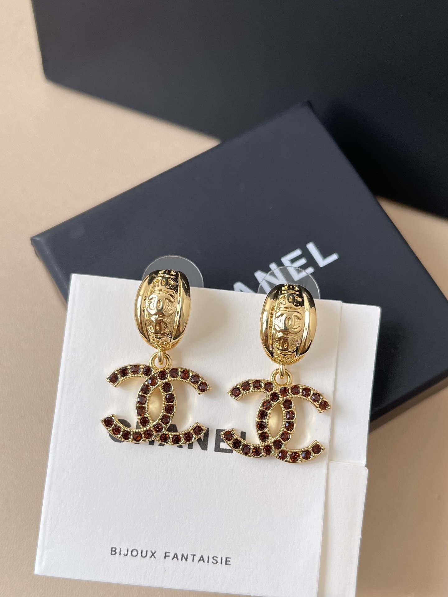 Luxury CC Logo Gold Drop Earrings with Amber Crystal Accents