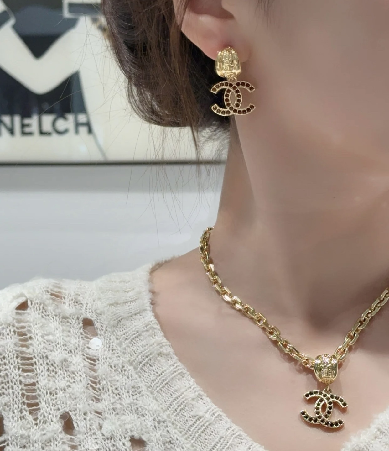 Luxury CC Logo Gold Drop Earrings with Amber Crystal Accents