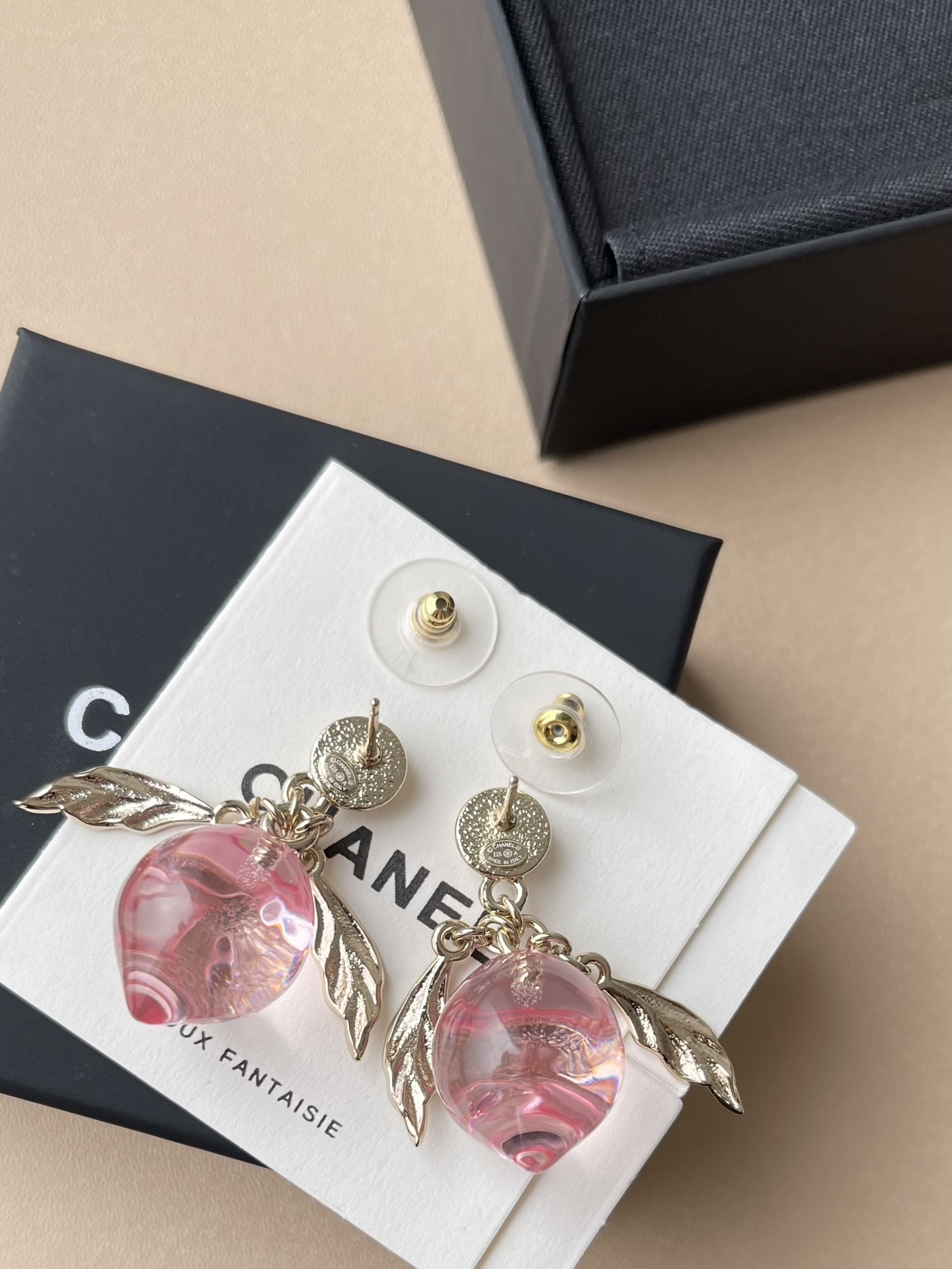 Chanel Luxury Pink Peach Crystal CC Logo Earrings & Necklace Set
