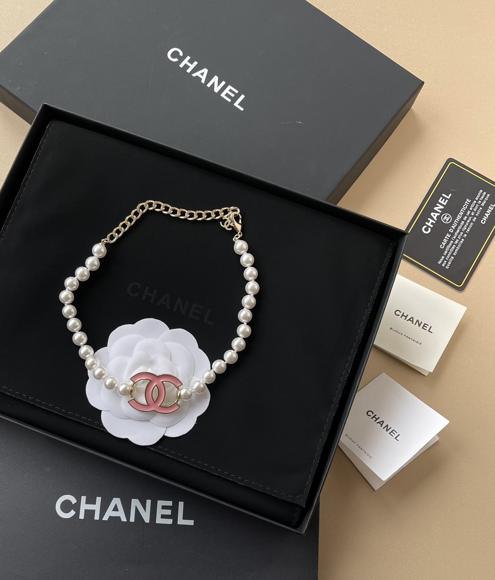 Elegant Pearl Choker Necklace with Pink Enamel CC Logo Pendant