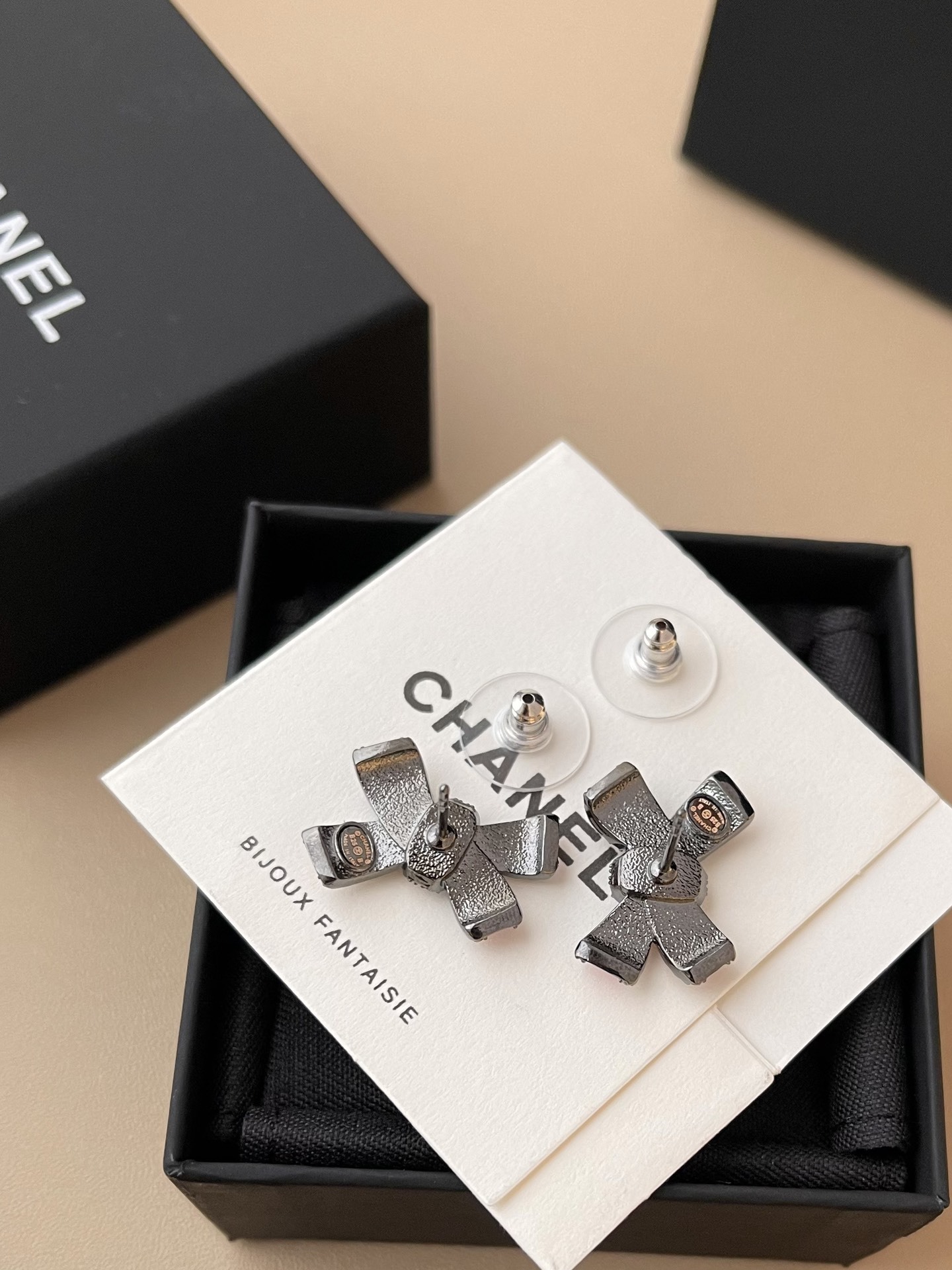 Chanel Pink Enamel Bow Earrings with Crystal Stud Accents