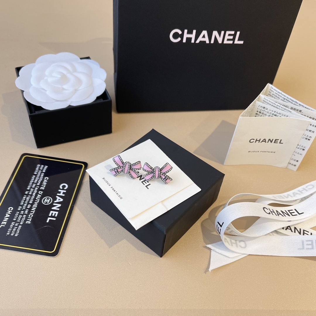 Chanel Pink Enamel Bow Earrings with Crystal Stud Accents