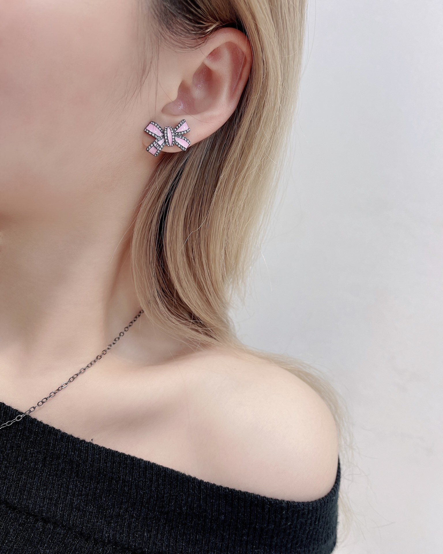 Chanel Pink Enamel Bow Earrings with Crystal Stud Accents