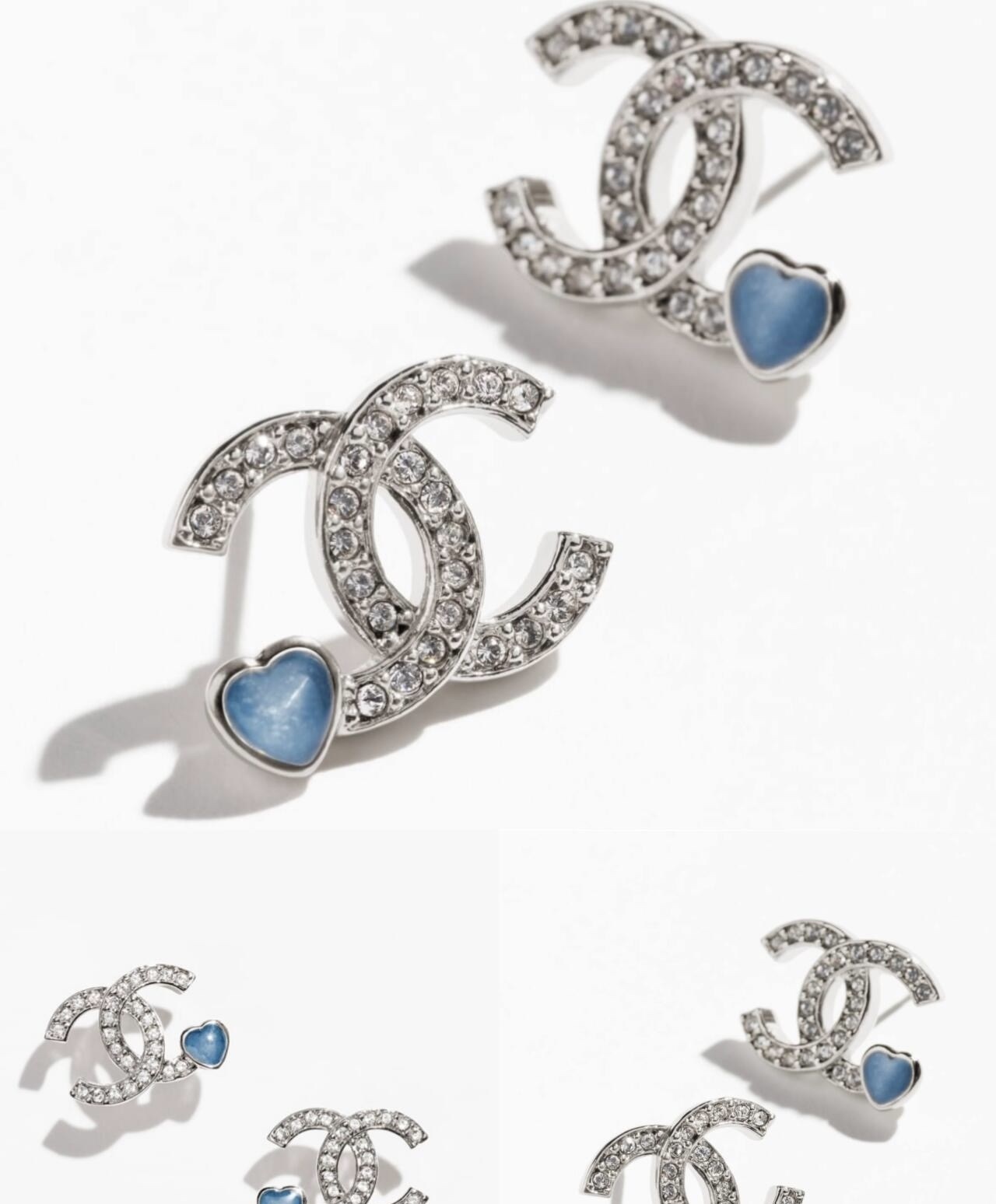 Luxury CC Logo Crystal Stud Earrings with Blue Heart Charm