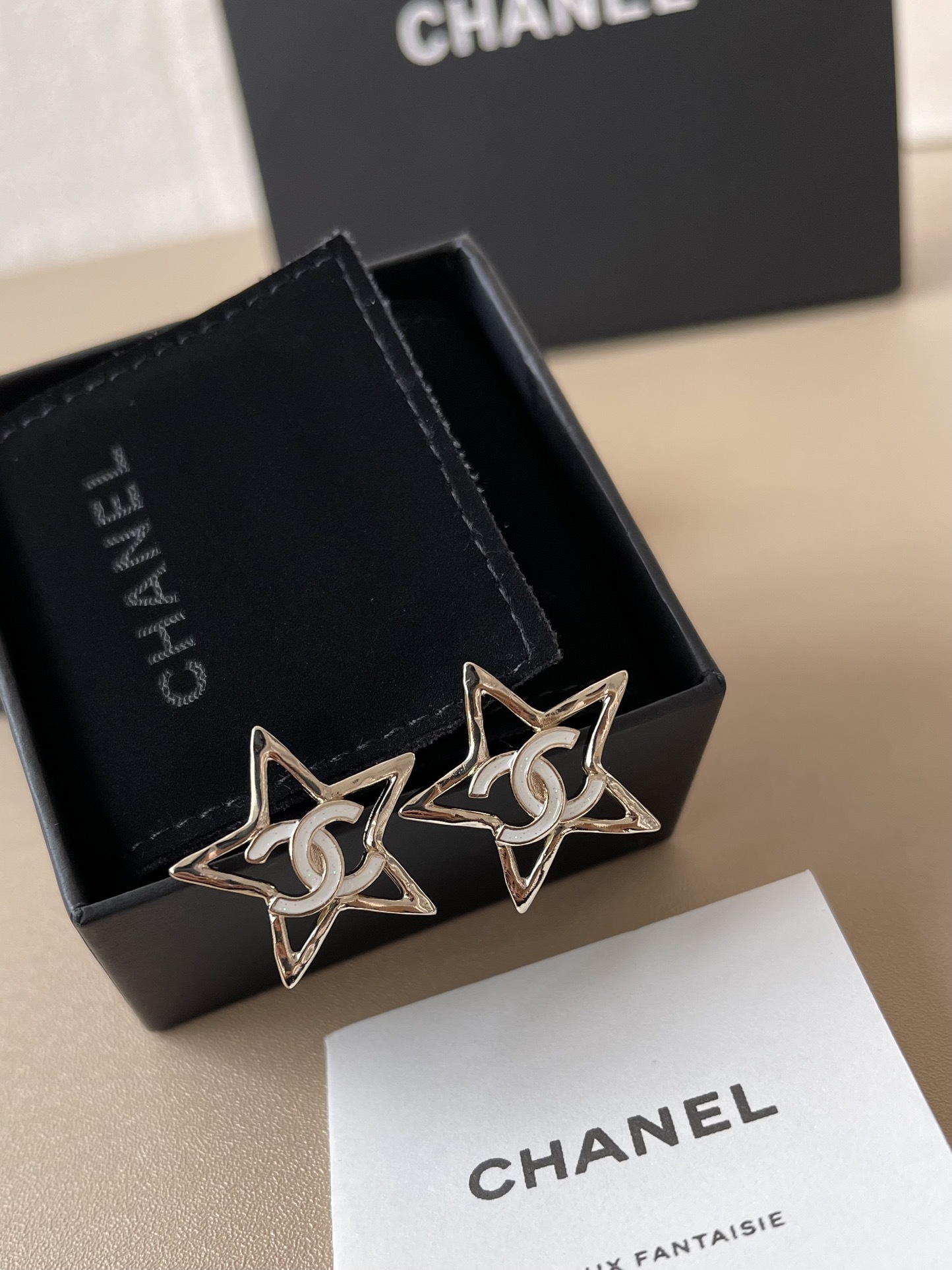 Luxury Gold Star Stud Earrings with Double C Logo Detail