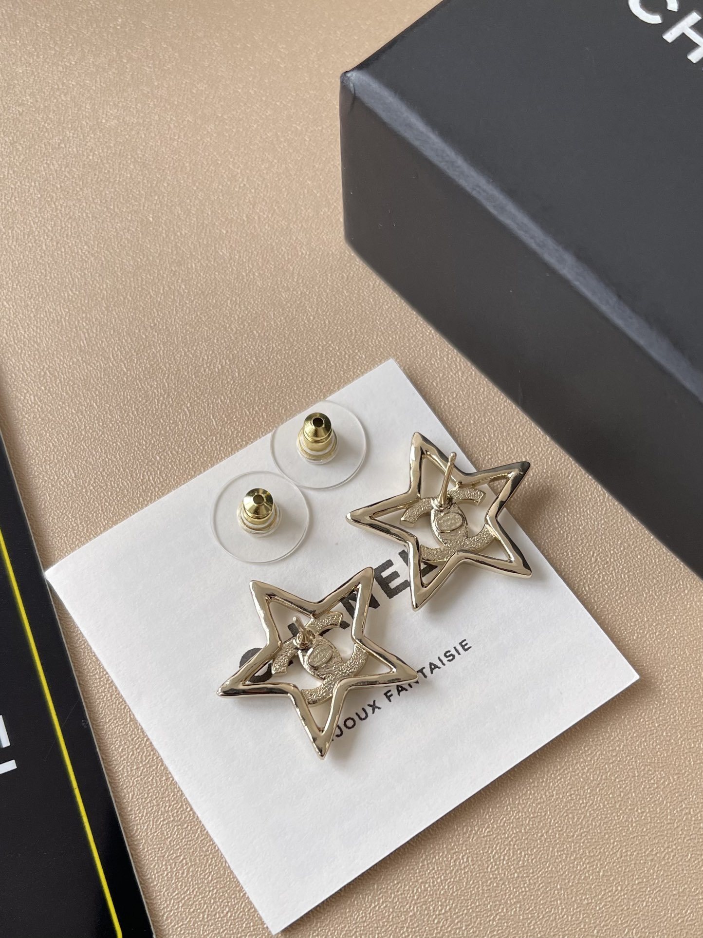 Luxury Gold Star Stud Earrings with Double C Logo Detail