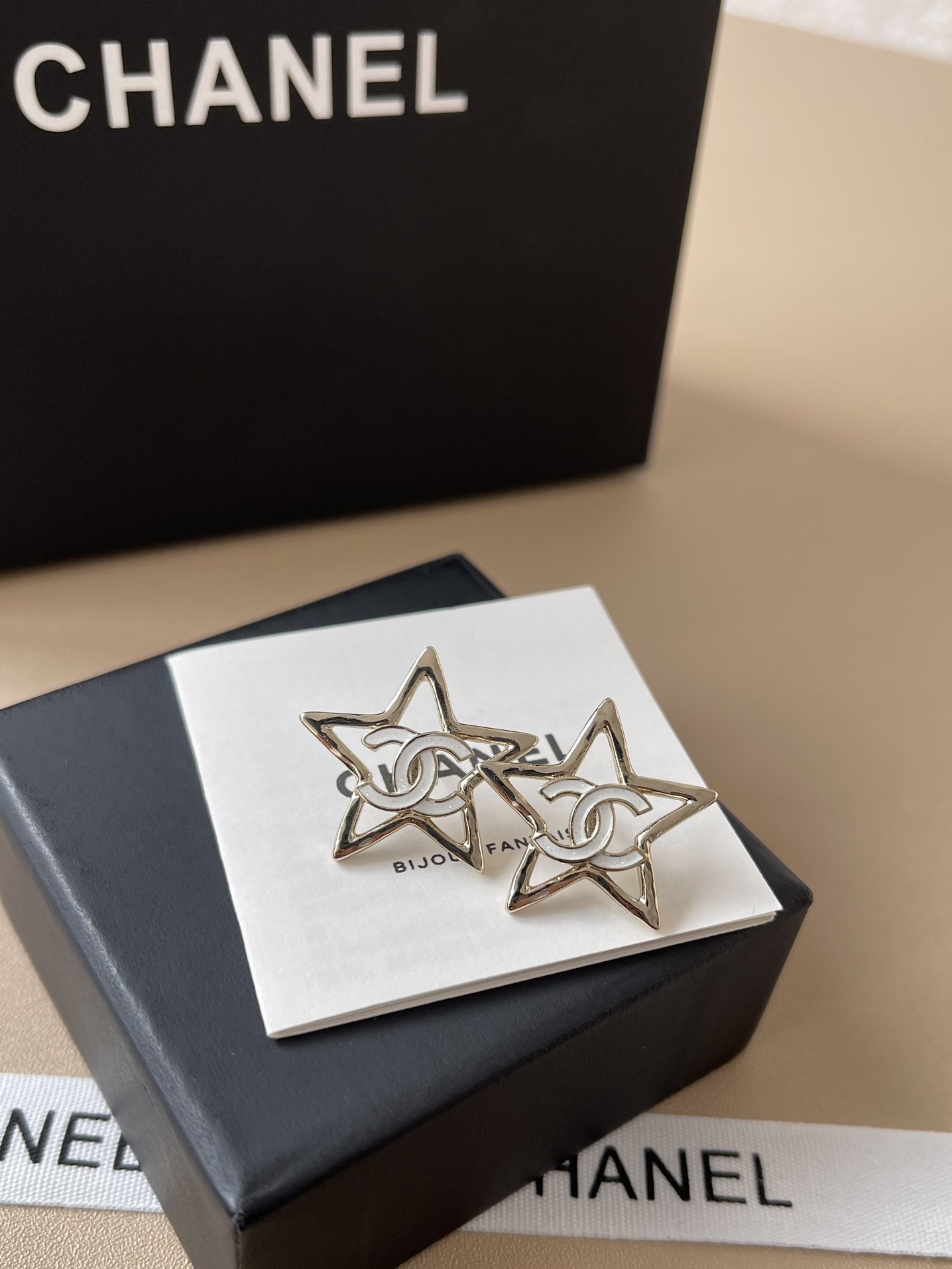 Luxury Gold Star Stud Earrings with Double C Logo Detail