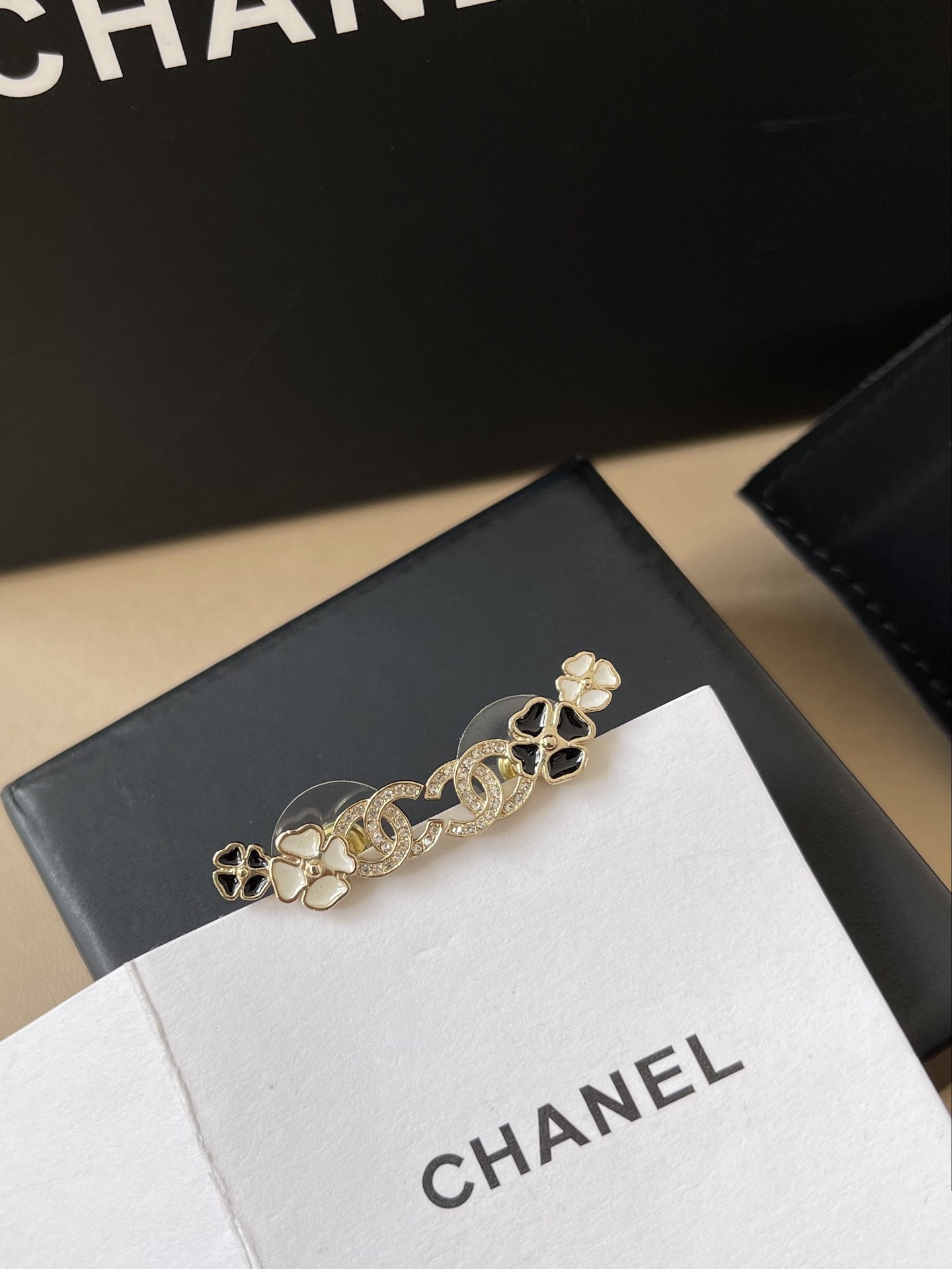 Elegant Chanel CC Logo Camellia Flower Crystal Earrings - Gold