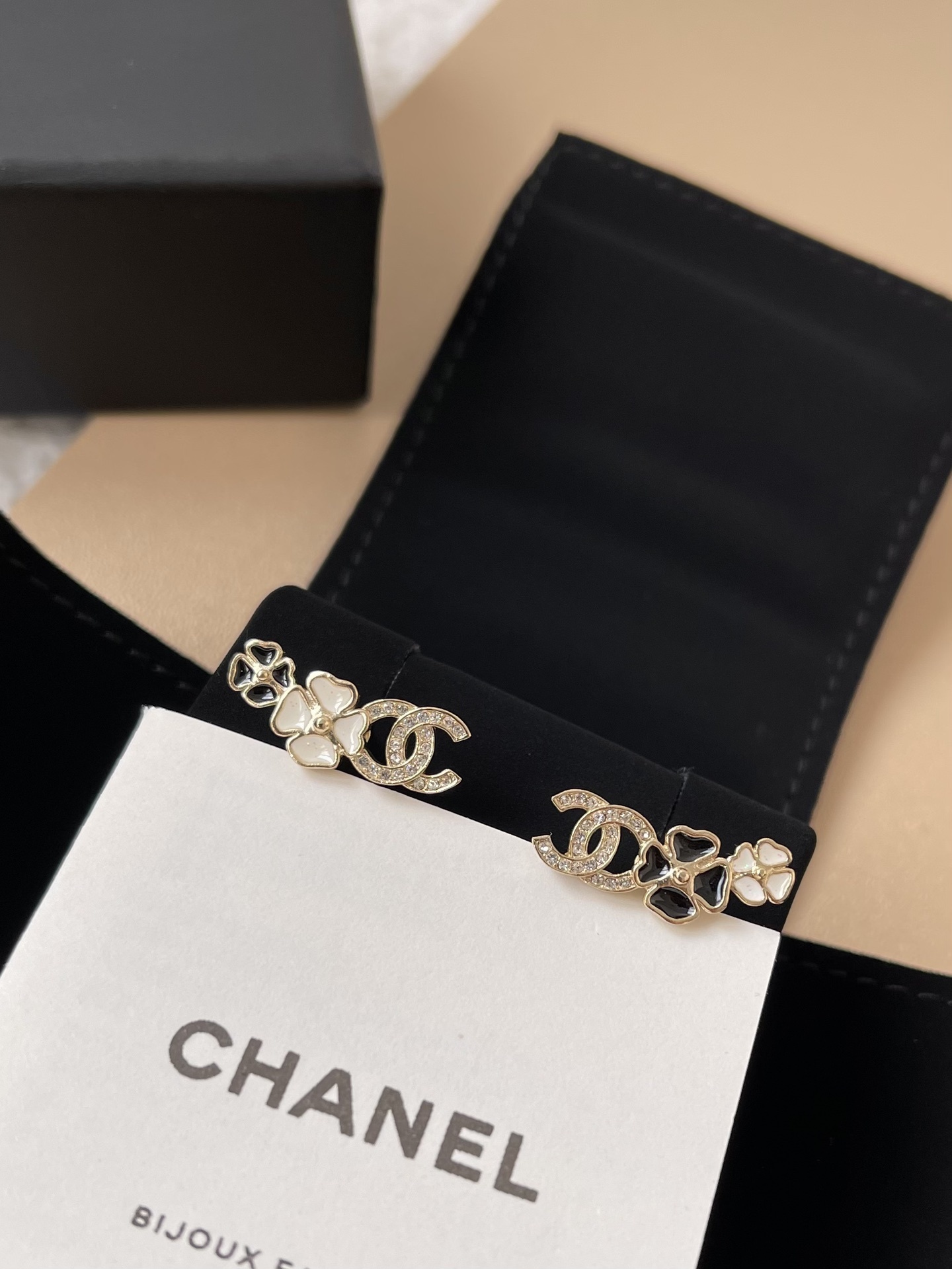 Elegant Chanel CC Logo Camellia Flower Crystal Earrings - Gold