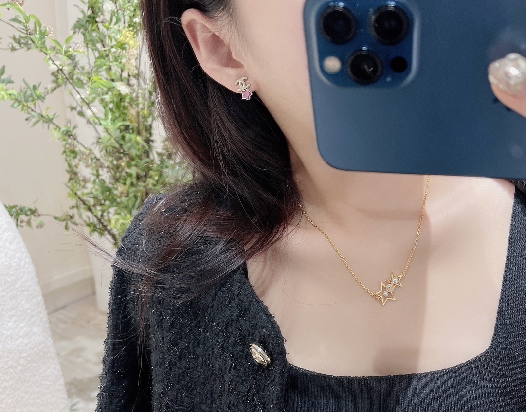 Chanel Gold CC Logo Pink Star Earrings & Necklace Jewelry Set