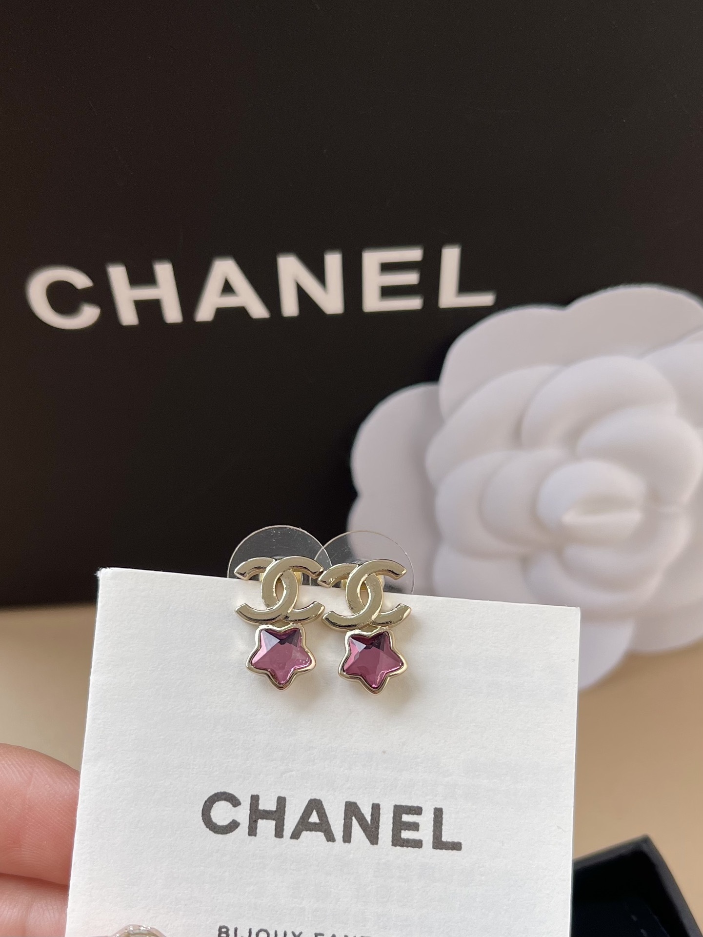 Chanel Gold CC Logo Pink Star Earrings & Necklace Jewelry Set