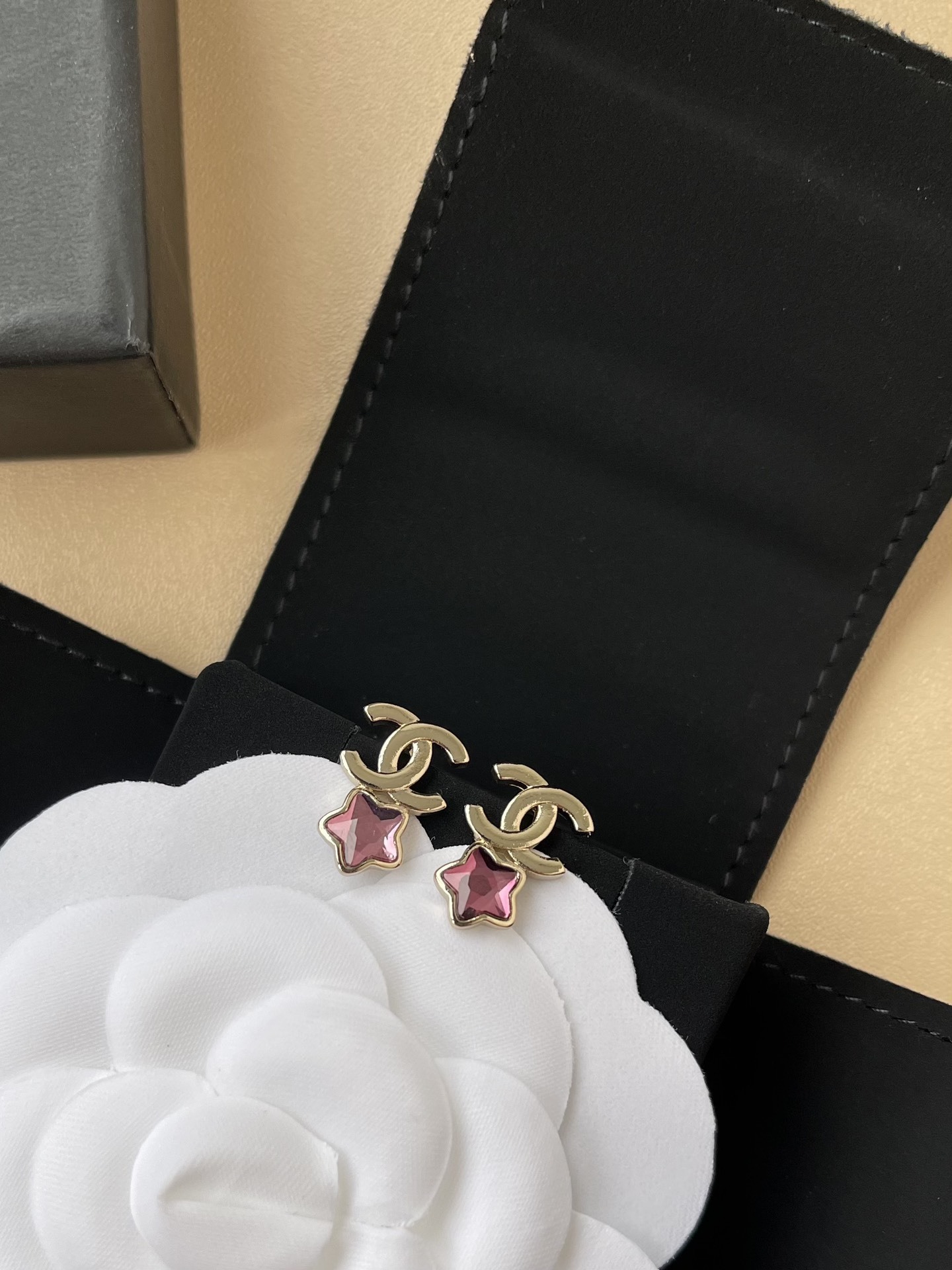 Chanel Gold CC Logo Pink Star Earrings & Necklace Jewelry Set