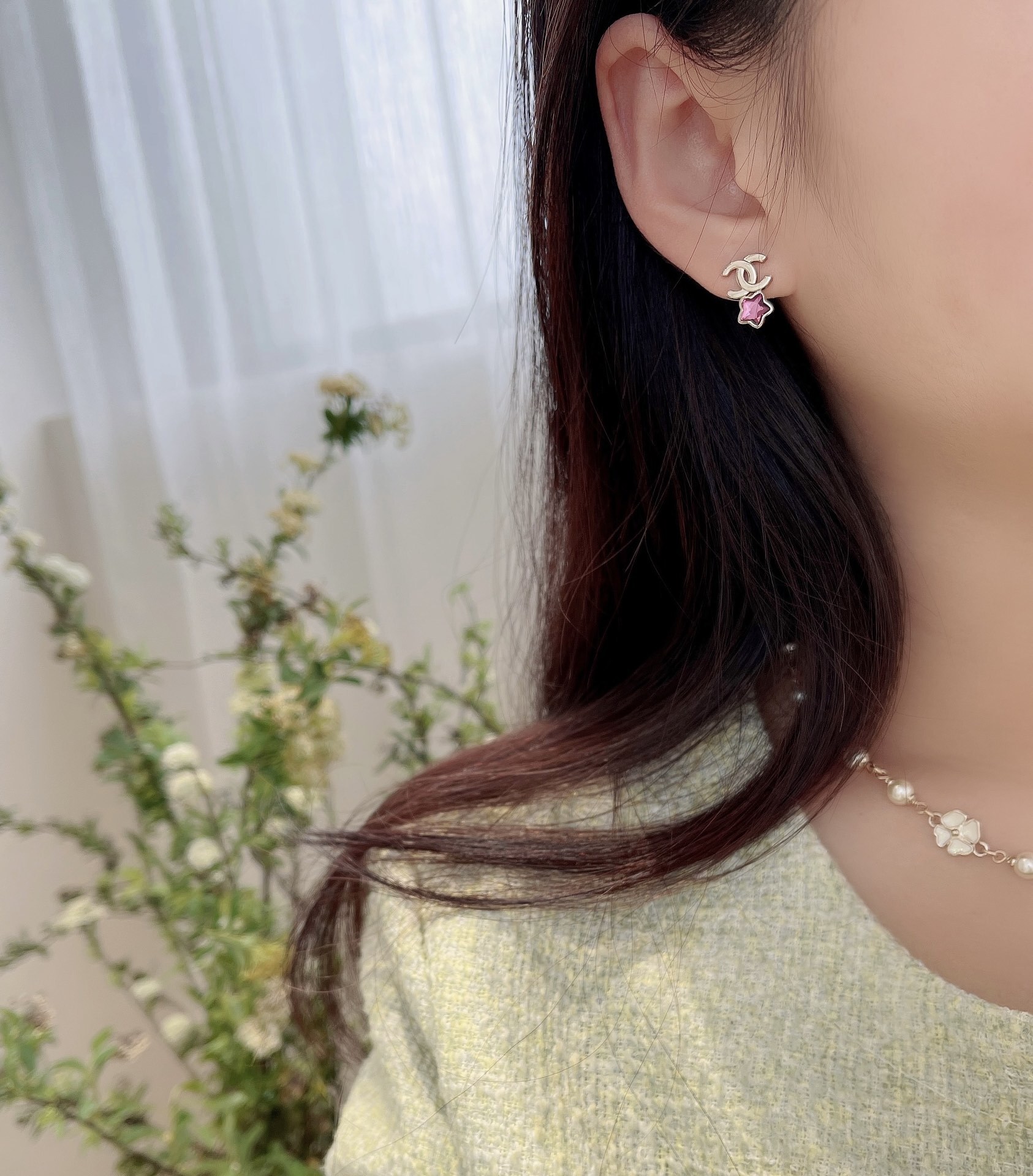 Chanel Gold CC Logo Pink Star Earrings & Necklace Jewelry Set