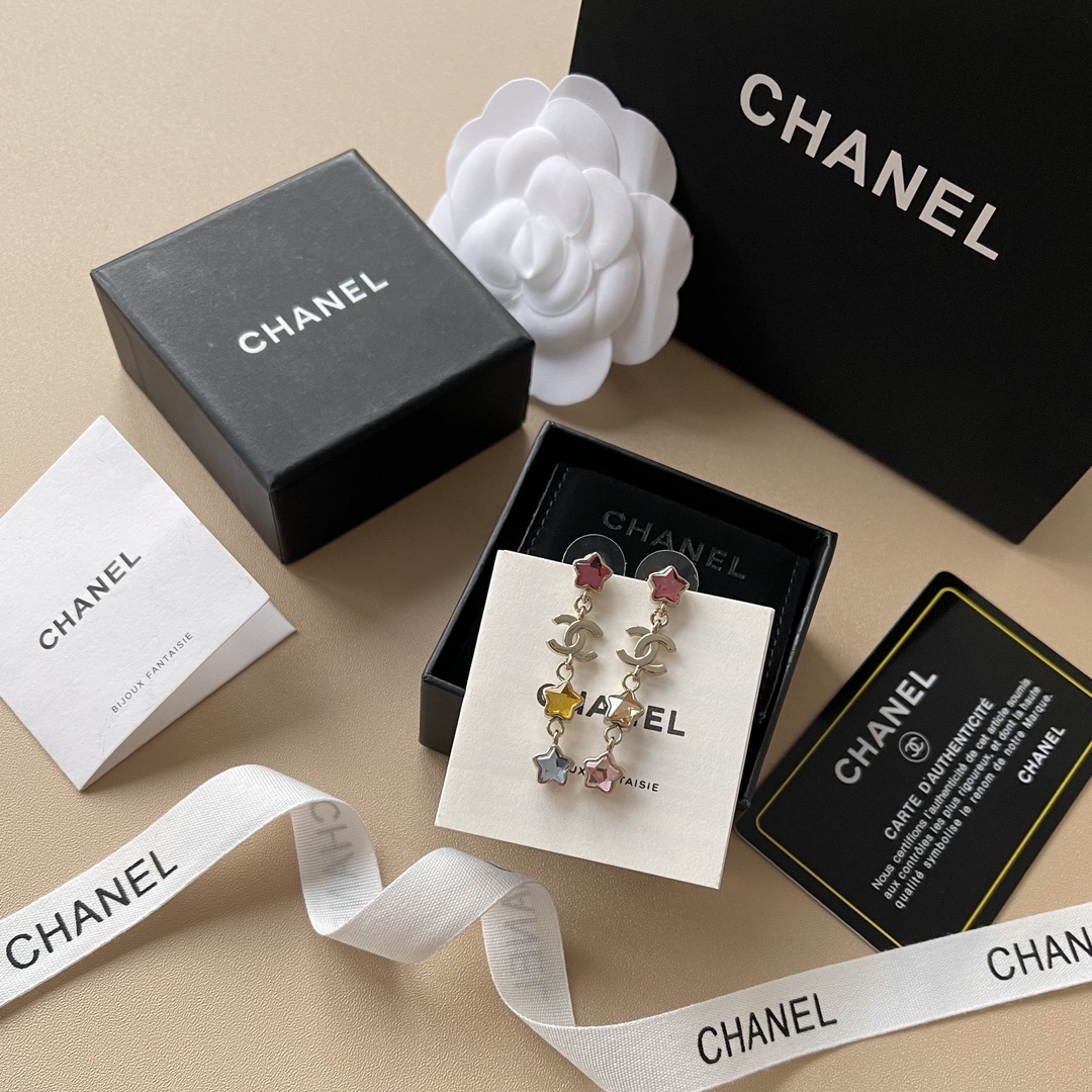 Chanel 2025 Pre-Collection Gold & Multicolour Star Pendant Earrings
