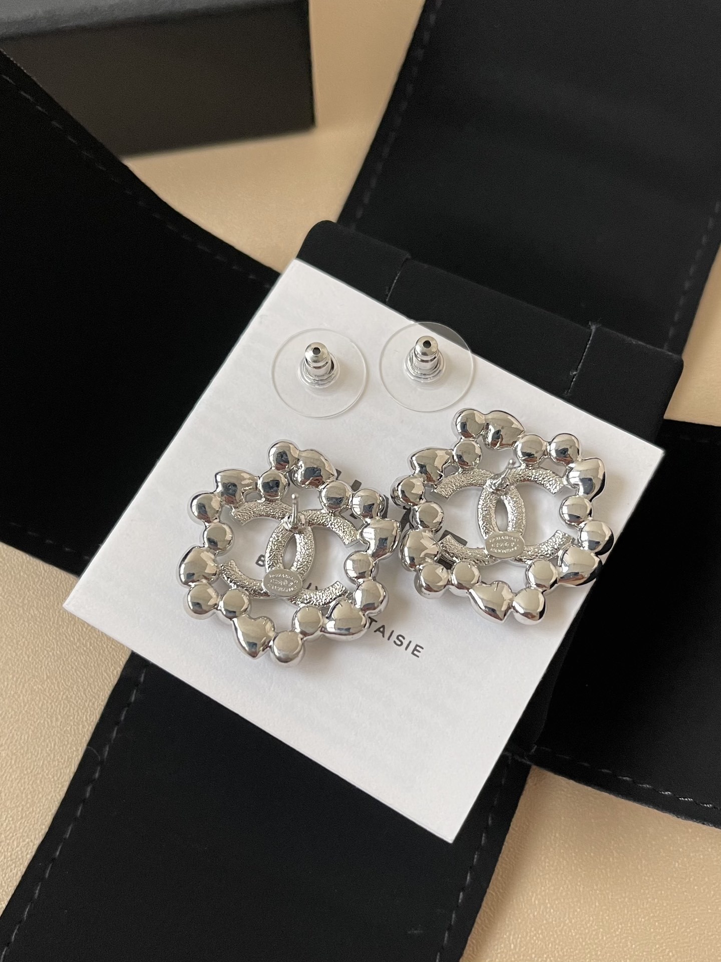 Elegant CC Logo Floral Stud Earrings with Blue & Pink Pastel Stones