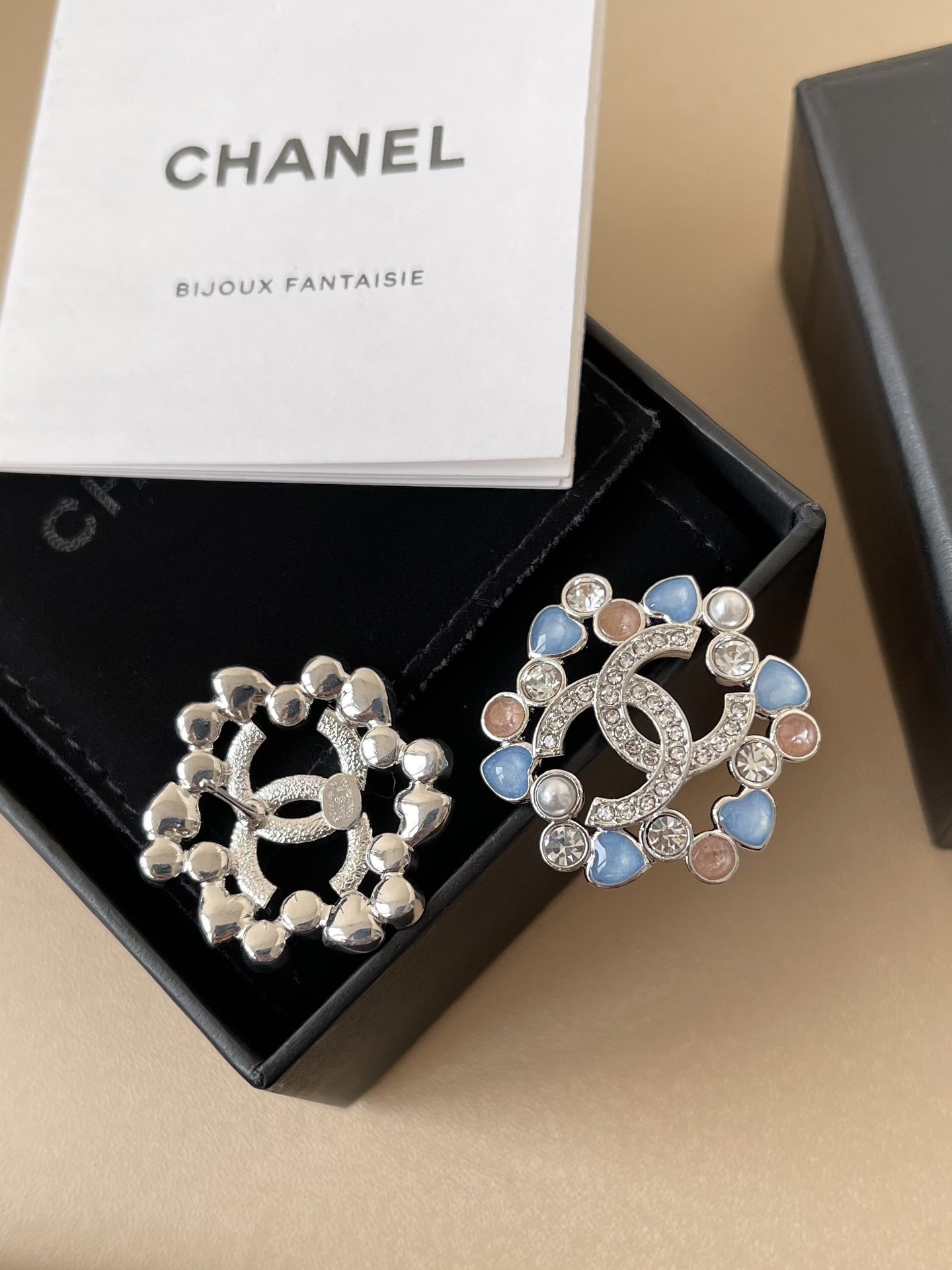 Elegant CC Logo Floral Stud Earrings with Blue & Pink Pastel Stones