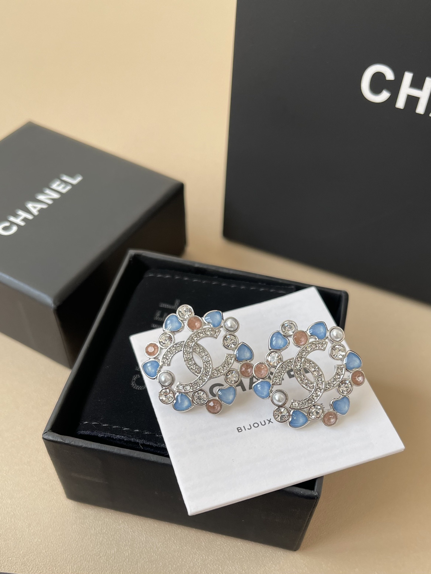 Elegant CC Logo Floral Stud Earrings with Blue & Pink Pastel Stones