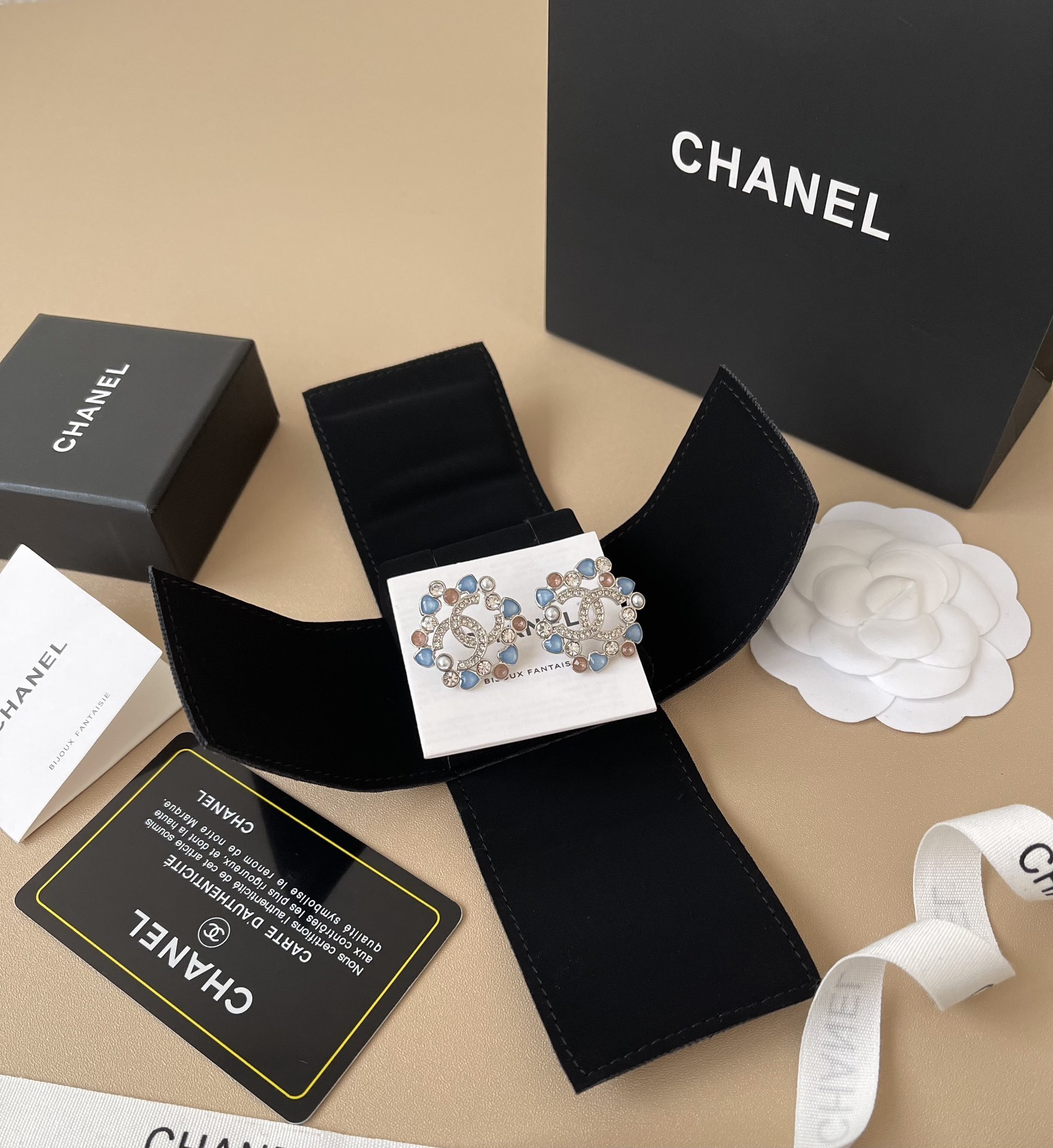 Elegant CC Logo Floral Stud Earrings with Blue & Pink Pastel Stones